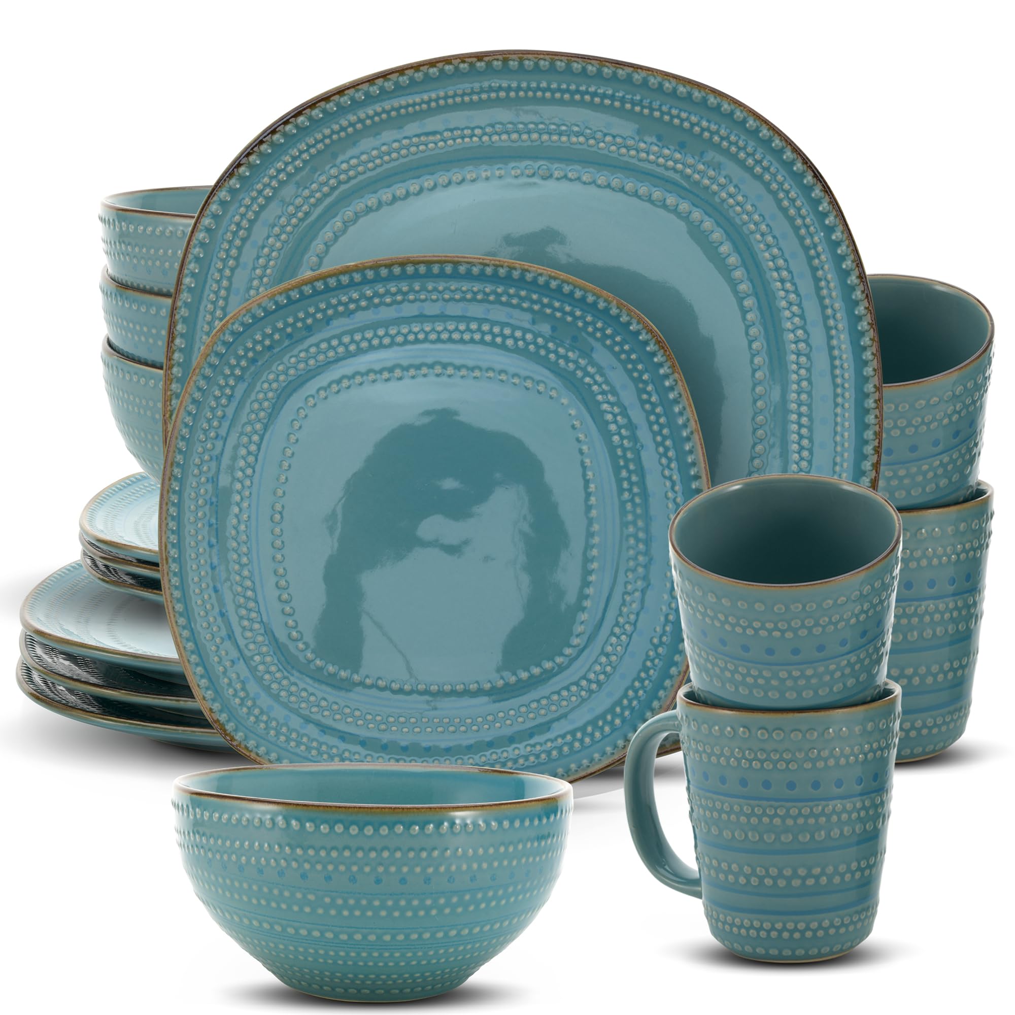 American Atelier 16-Piece Teal Stoneware Dinnerware Set - Includes Dinner Plates, Salad Plates, Bowls, Mugs
