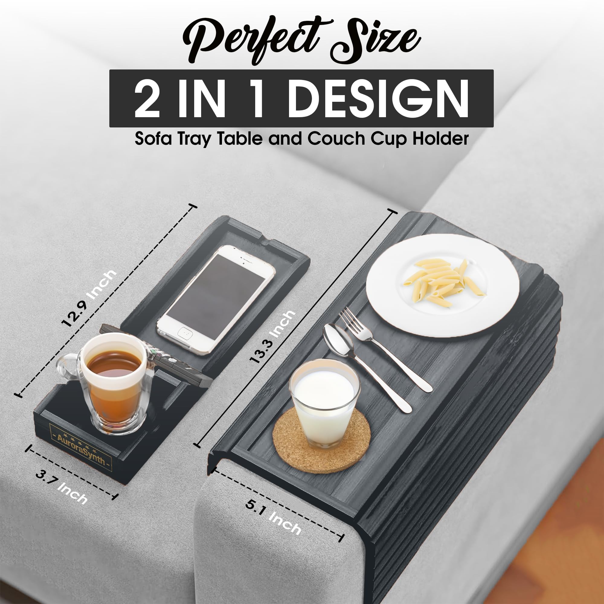 Couch Cup Holder With 2 Cork Coasters | Couch Caddy With Detachable Couch Cup Holder Tray | Anti-Slip Foldable Sofa Table Tray -