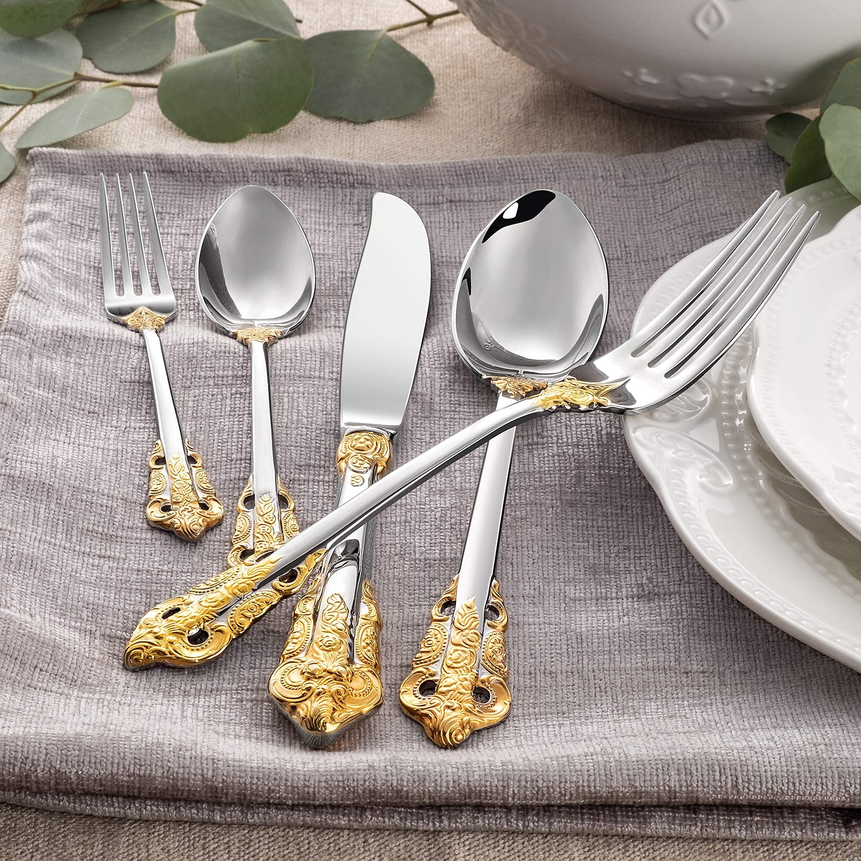 Keawell Luxury 45 Pieces 18/10 Stainless Steel Flatware Set, Service For 8, Silver Plated With Gold Accents, Fine Silverware Set