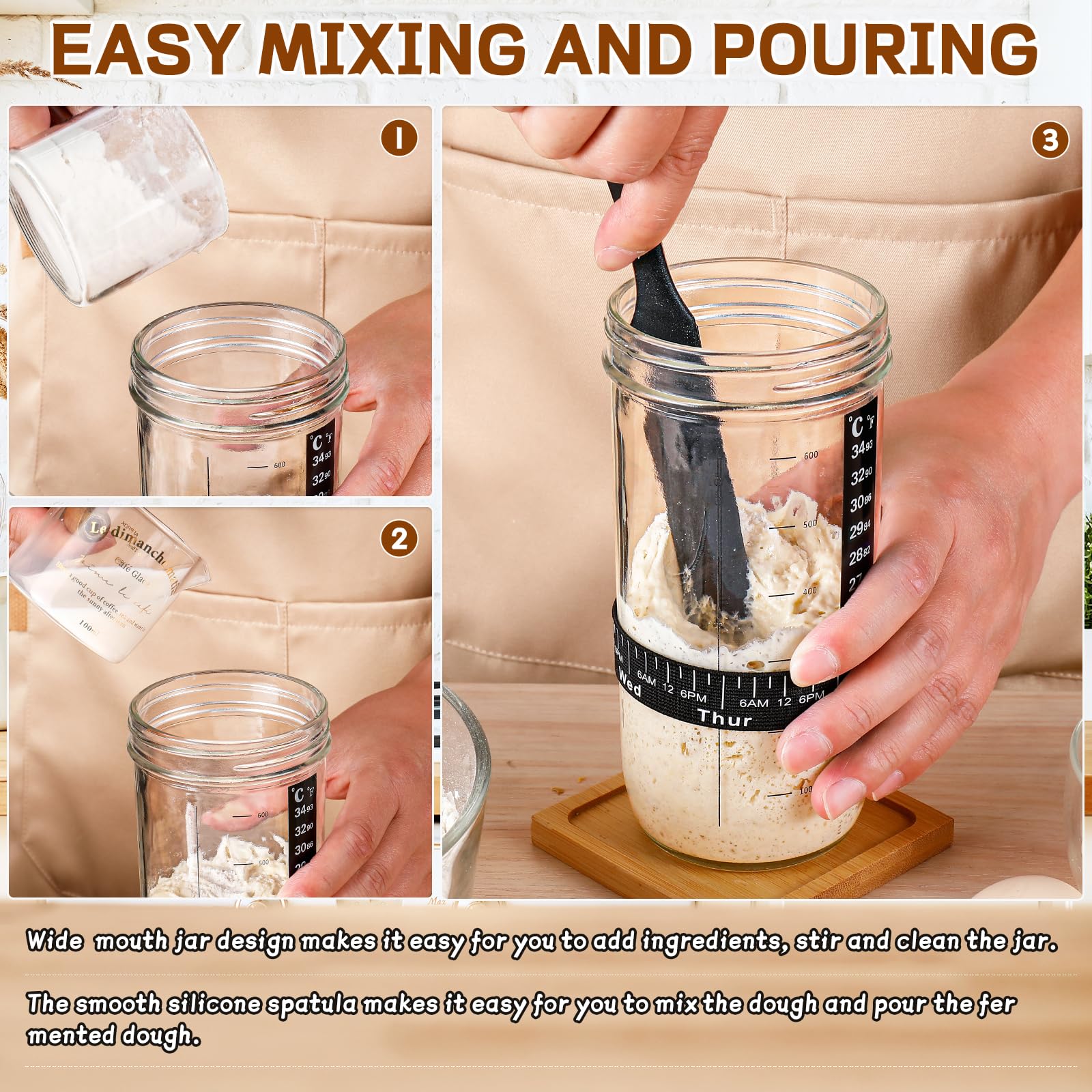 Sourdough Bread Baking Supplies,24 Oz Sourdough Starter Jar Glass, Sourdough Starter Kit With Date Marked Feeding Band, Thermome