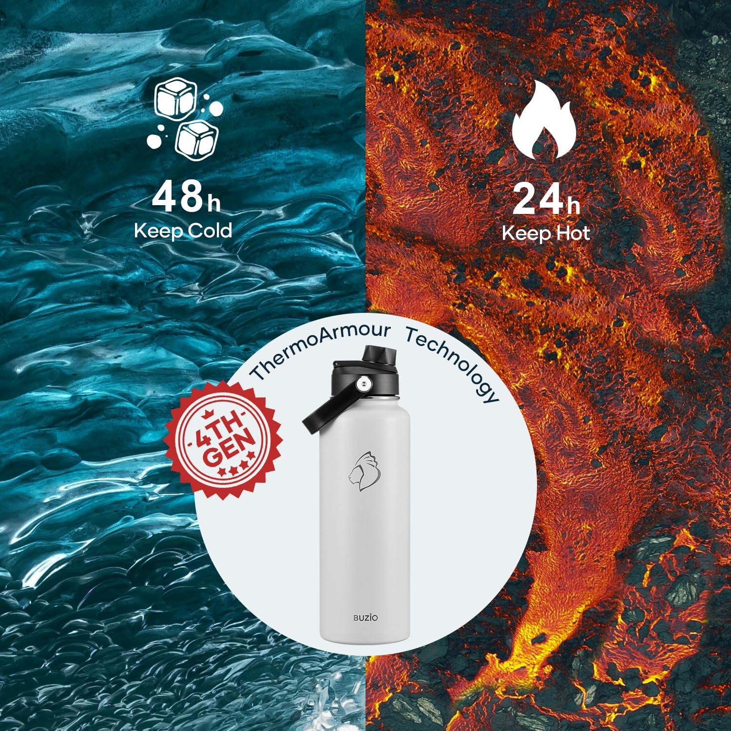 BUZIO 40 oz Water Bottle Insulated, Triple Wall Vacuum Stainless Steel Flask (Cold for 48 Hrs), Leakproof BPA-Free Wide Mouth Me