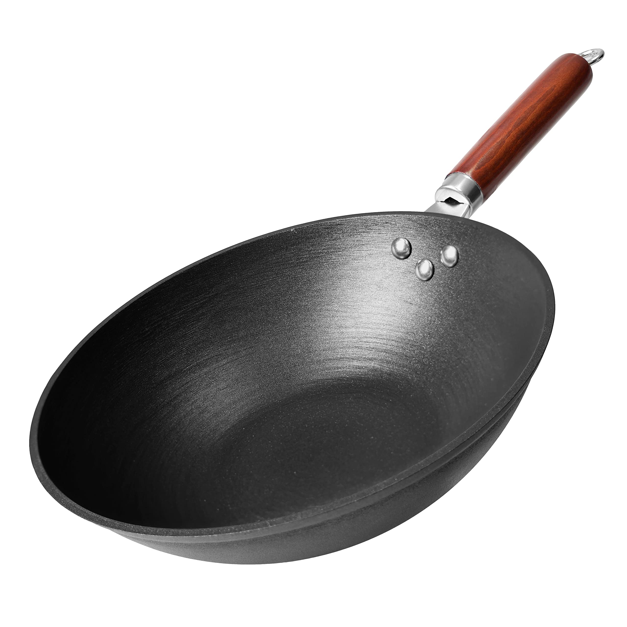 21st & Main Wok, Stir Fry Pan, Wooden Handle, 11 Inch, Lightweight Cast Iron, chefs pan, pre-seasoned nonstick, for Chinese Japa