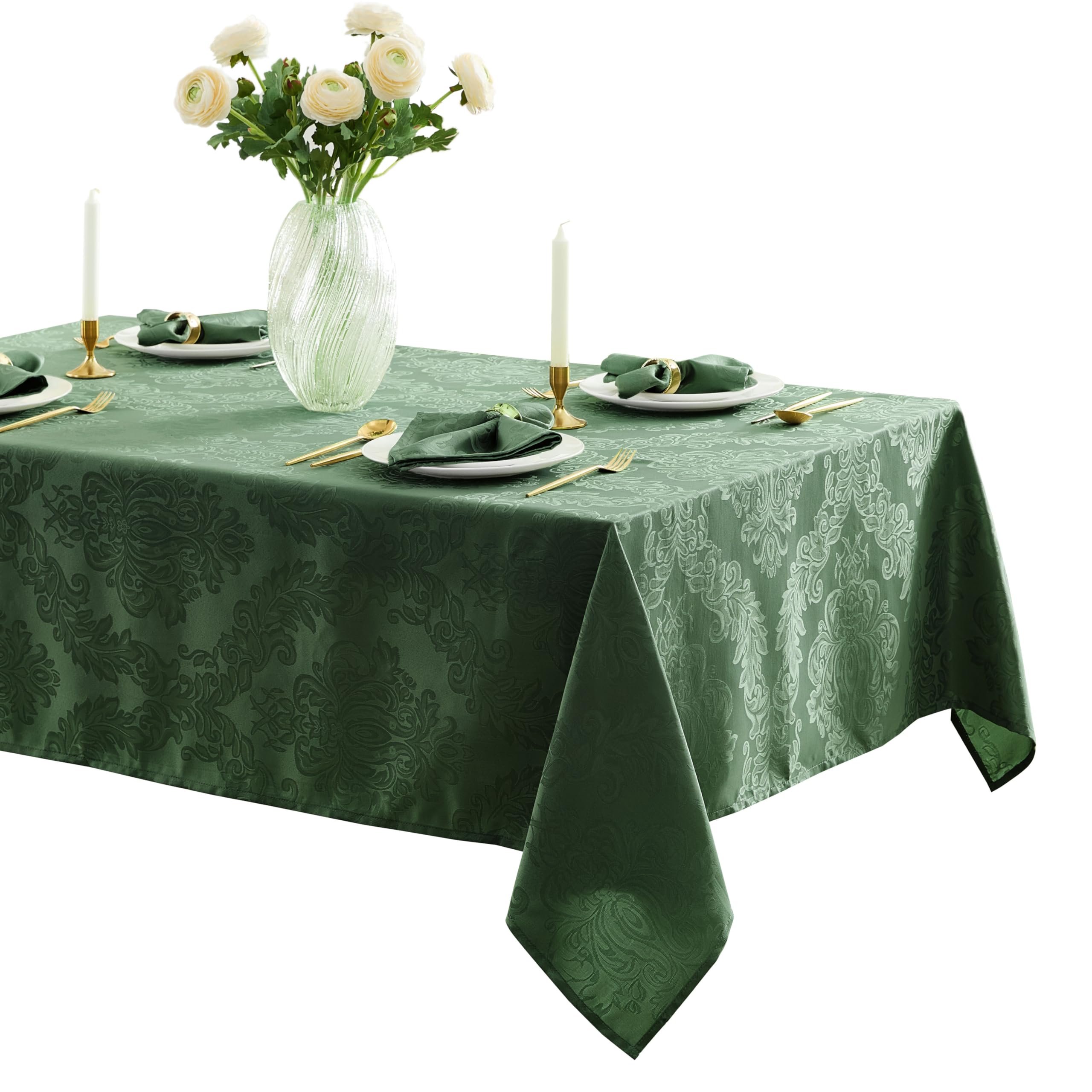 Newbridge Barcelona Damask Fabric Tablecloth, 52 x 70 Inch Rectangle, Hunter Green - No Iron, Soil Resistant Table Cover for Din
