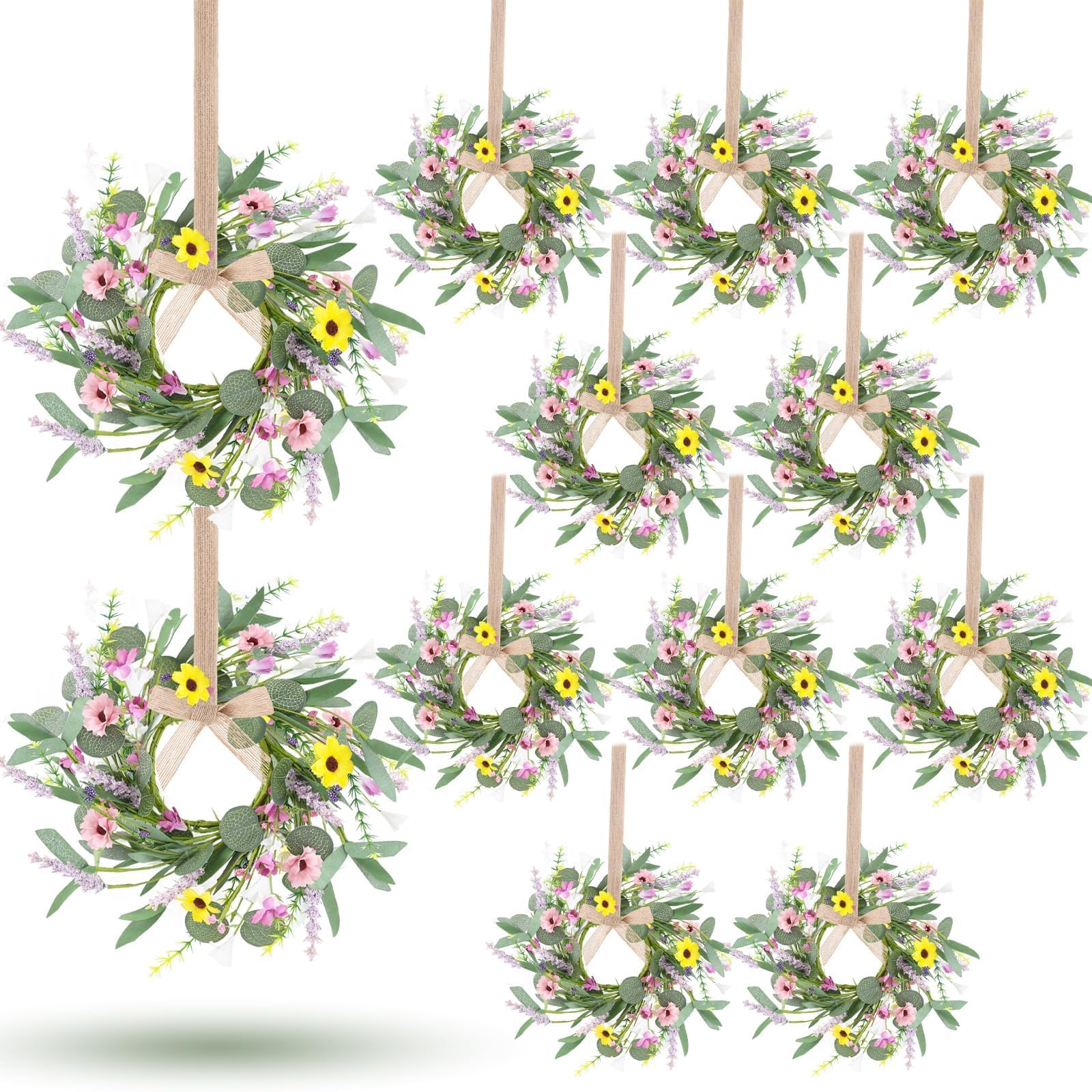 12 Pcs Spring Summer Artificial Flowered Wreath Mini Floral Wedding Candle Rings Wreaths Pillar Candle Holder for Wedding Spring