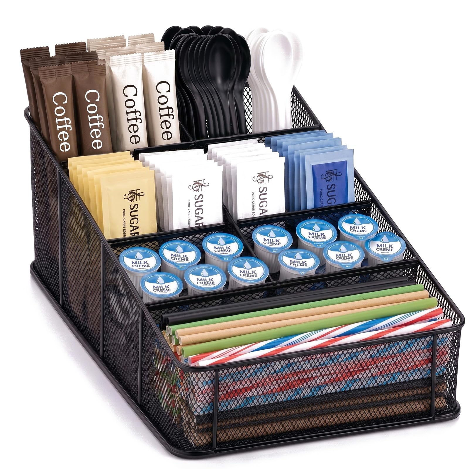 Domensi Mesh Condiment Station with 7 Compartment, Break Room Coffee Bar Organizer for Countertop, Metal Office Coffee Station f