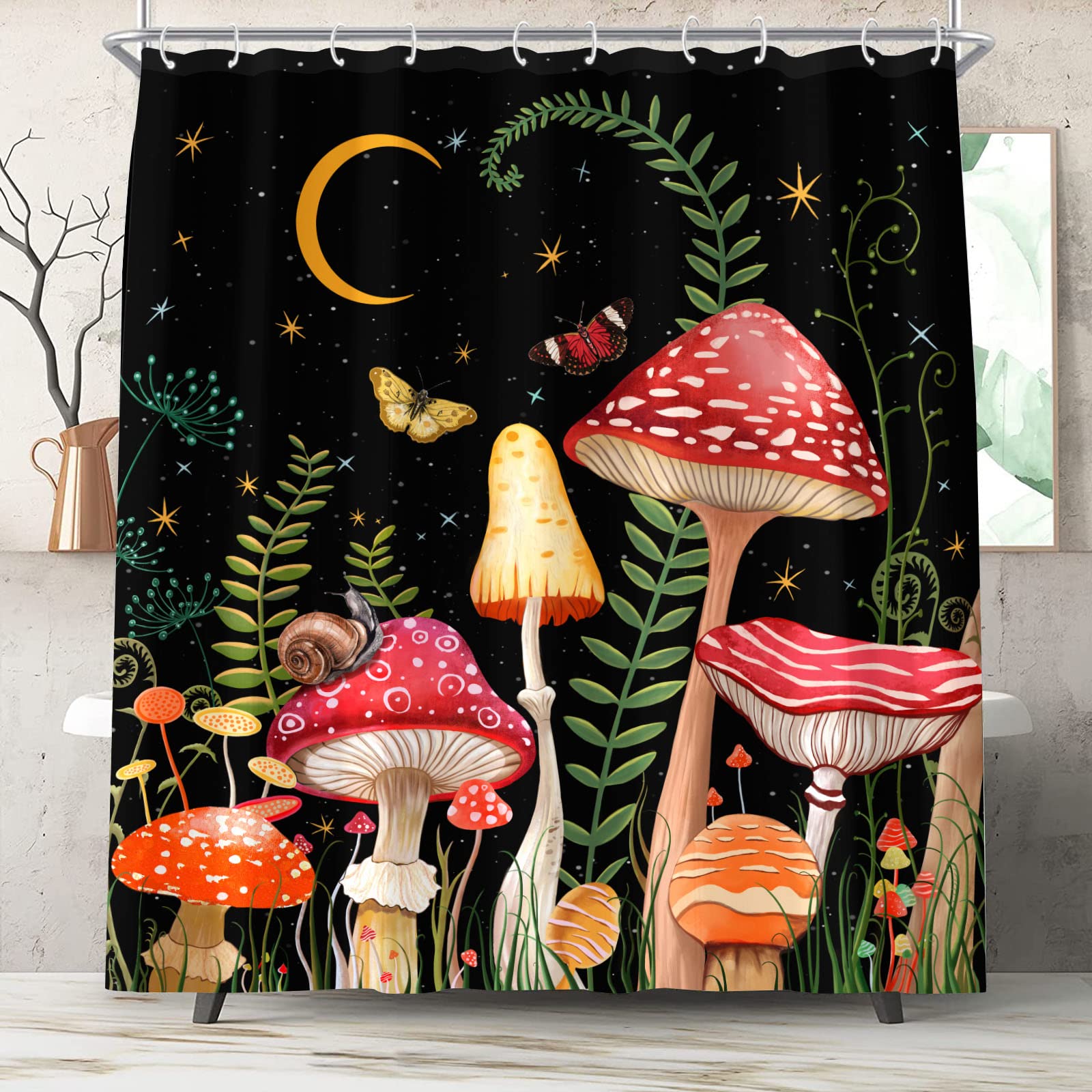 Zussun 84 Inch Extra Long Mushroom Shower Curtain Black And Red Floral Butterfly Waterproof Fabric Bathroom Shower Curtains Aest