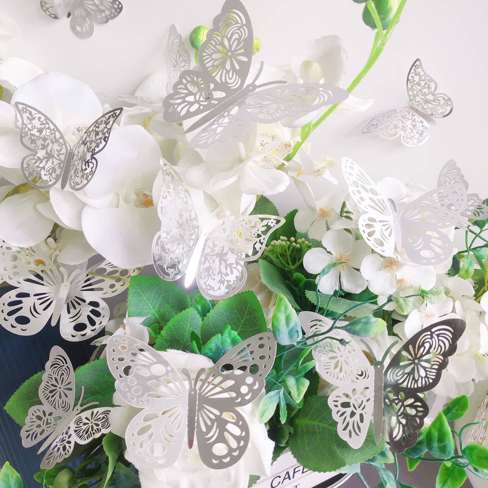 Nelotaor 36 Pcs Butterfly Wall Decor, 3 Styles 3 Sizes 3D Butterfly, Silver Butterfly, Wedding Decorations, Birthday Party Decor