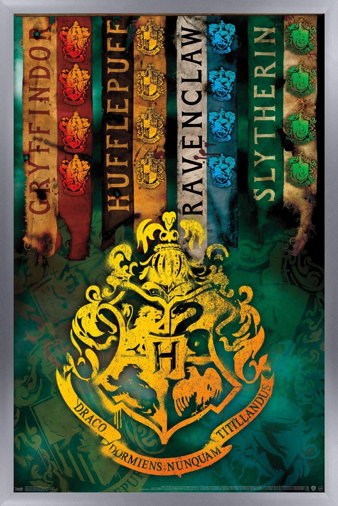 Trends International The Wizarding World: Harry Potter - House Crests Wall Poster, 14.725'' X 22.375'', Silver Framed Version