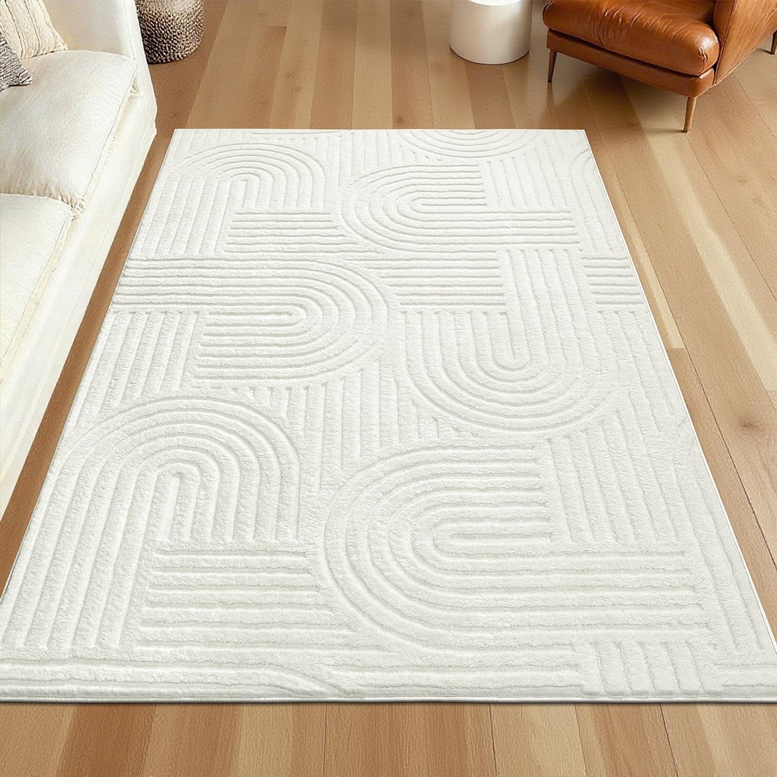 SHACOS Soft Cozy Fluffy Arch Pattern High Low Pile Rugs 4x6 Non Slip Washable Scandinavian Minimalist Rug Modern Geometric Arc