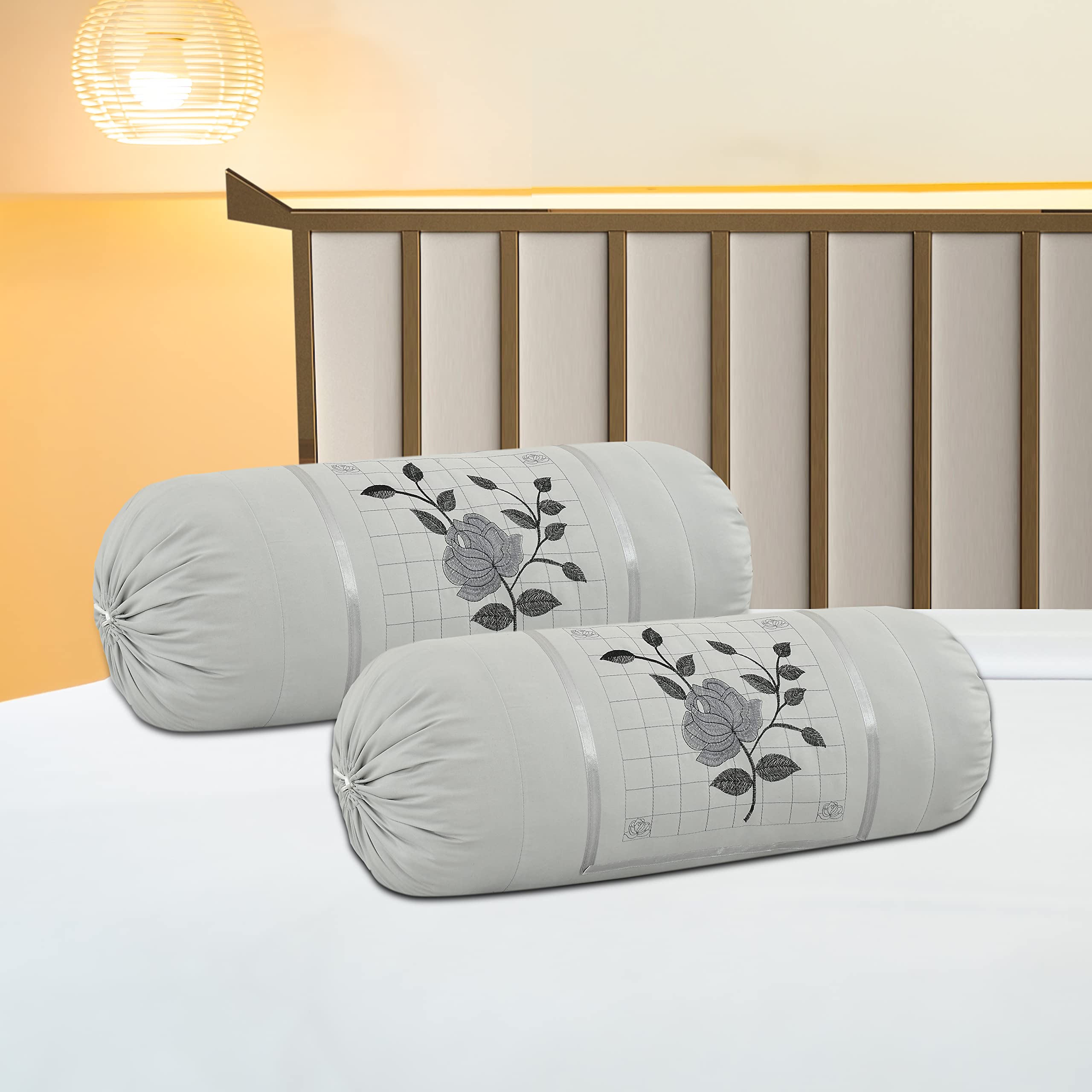 Rj Products Designer Embroided Cotton 8Pcs Diwan Set Grey