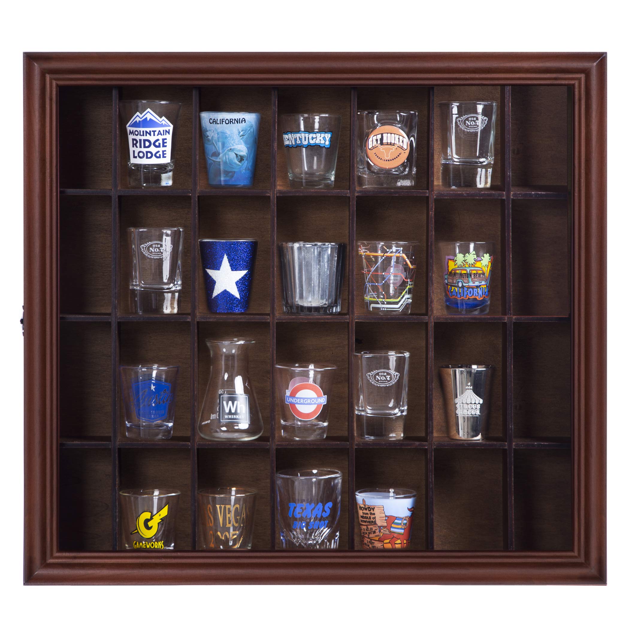 Gallery Solutions - 18X16 Shot Glass Collection - Display Case - Hinged Front - Shot Glass Collection - Cherry Walnut - 28 Shot