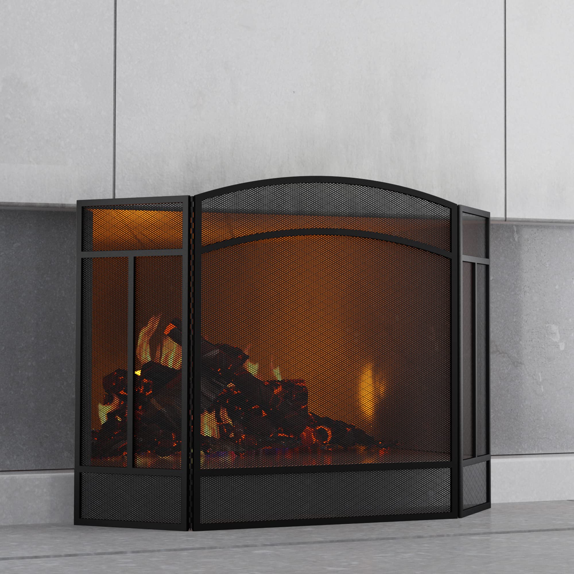Fire Beauty Fireplace Screen 3 Panel Wrought Iron 48 ''(L) x 29 ''(H) Spark Guard Cover(Black)