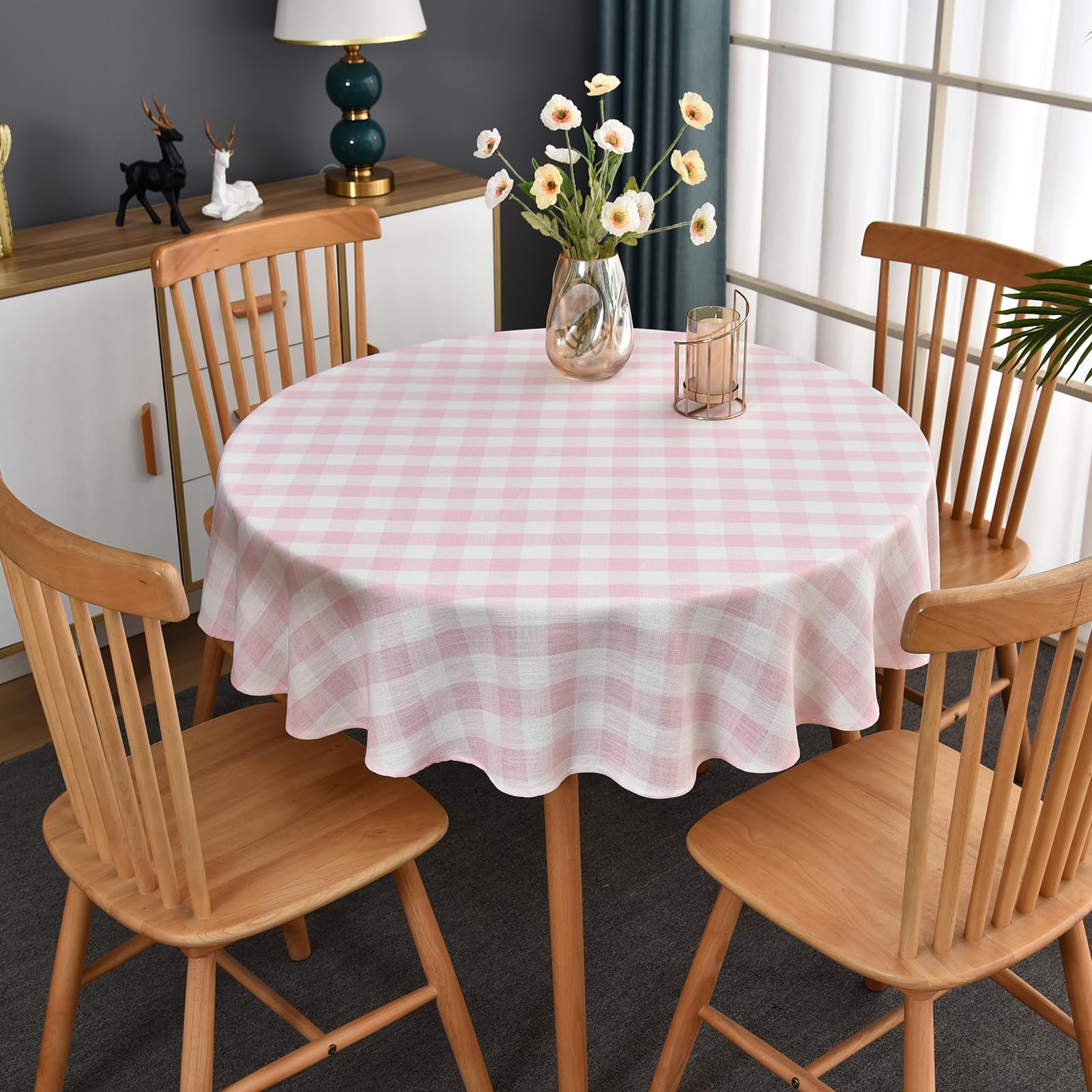 Yofori Gingham Table Cloth for Round Tables Pink Checkered Plaid Tablecloth Heavy Duty Cotton Blend Washable & Wrinkle Table Cov