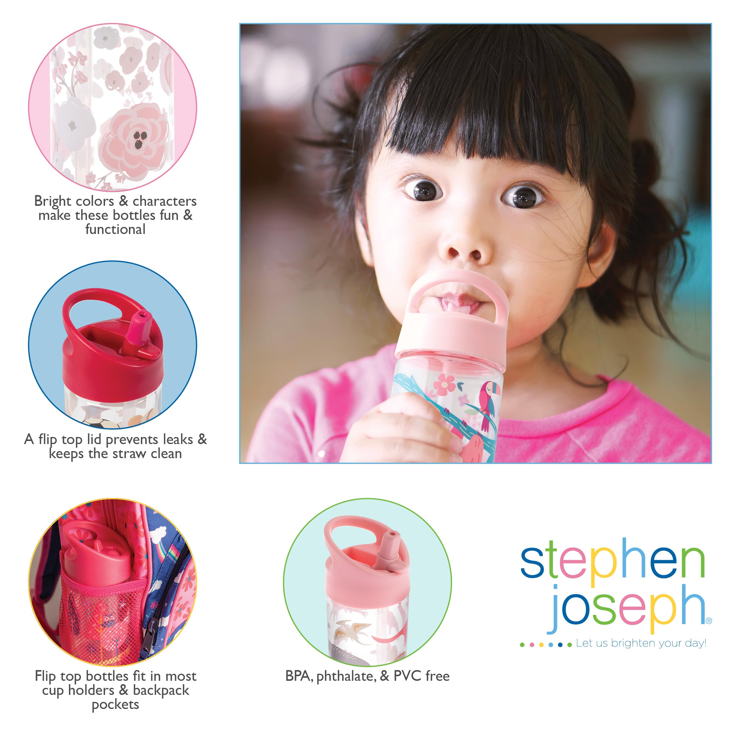 Stephen Joseph, Kids Flip Top Water Bottle, 10 Oz Tritan Bpa Free, Water Bottle For Girls & Boys, Back To School Flip Top Bottle