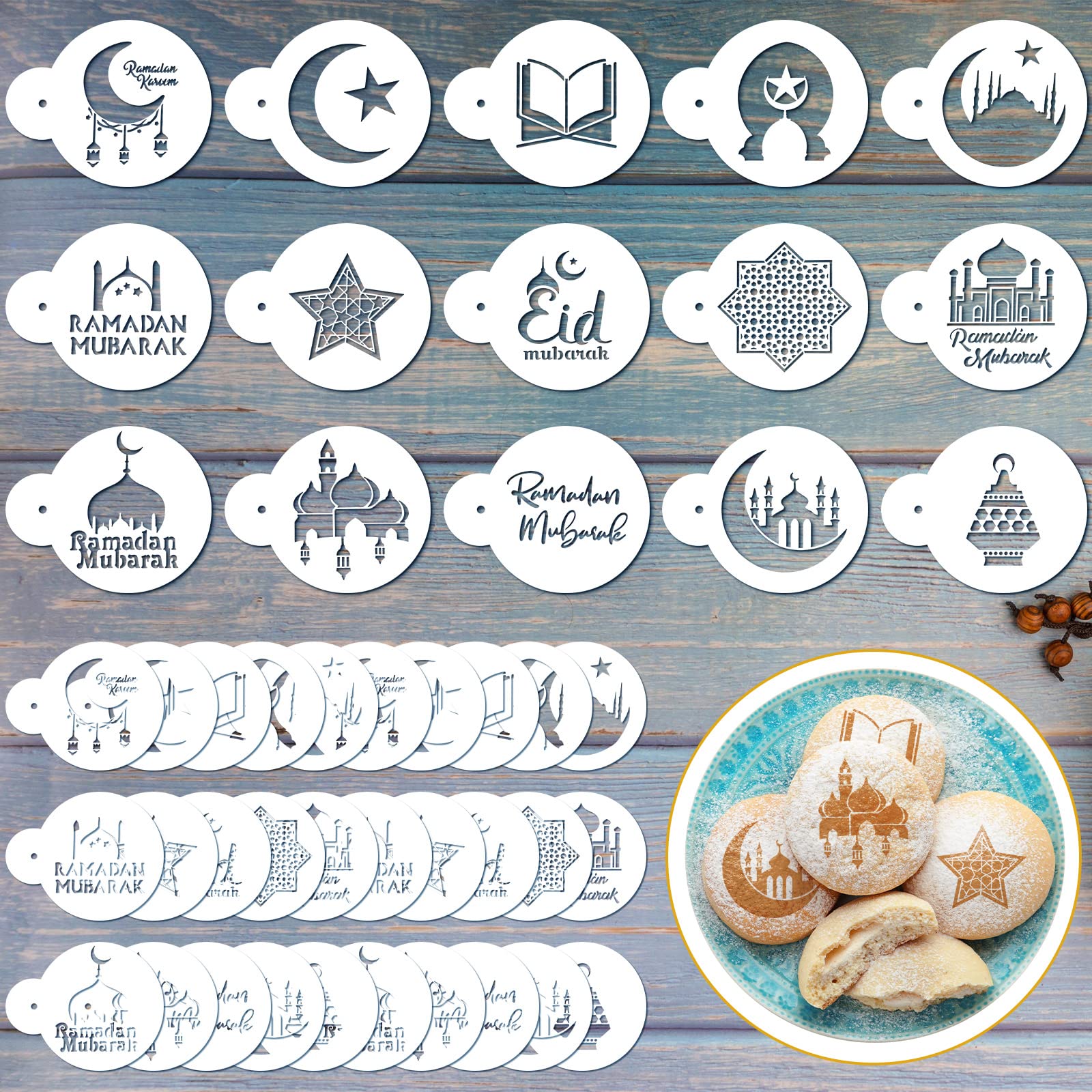 30 Pcs Eid Mubarak Cookie Stencil Set Ramadan Coffee Stencils Eid Ramadan Coffee Decorating Stencils Reusable Cake Cookies Bakin