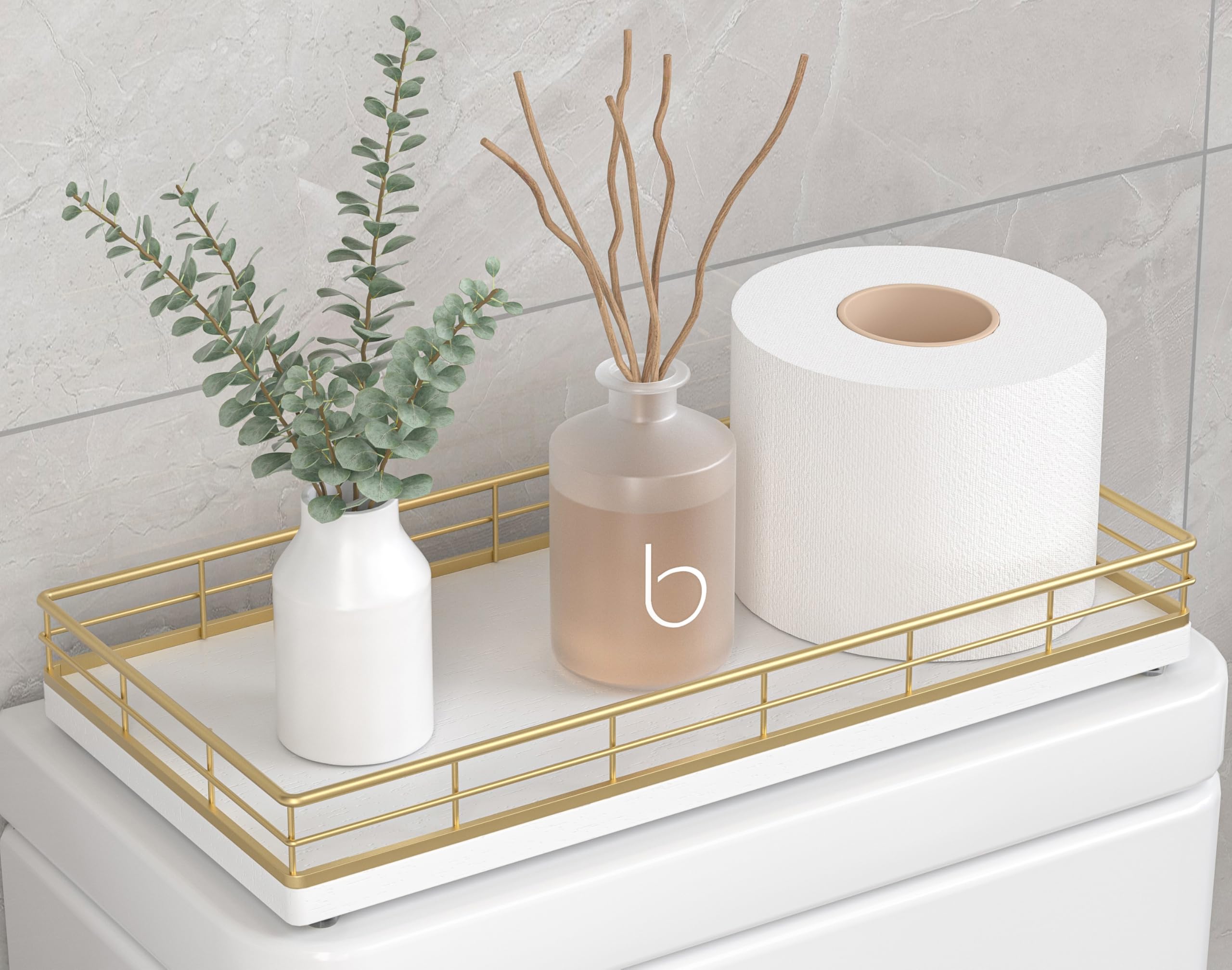 Toilet Paper Basket Organizer - Oak Wood Toilet Tank Tray with Metal Frame, Back of Tank or Top Bathroom Counter Storage - Gold 
