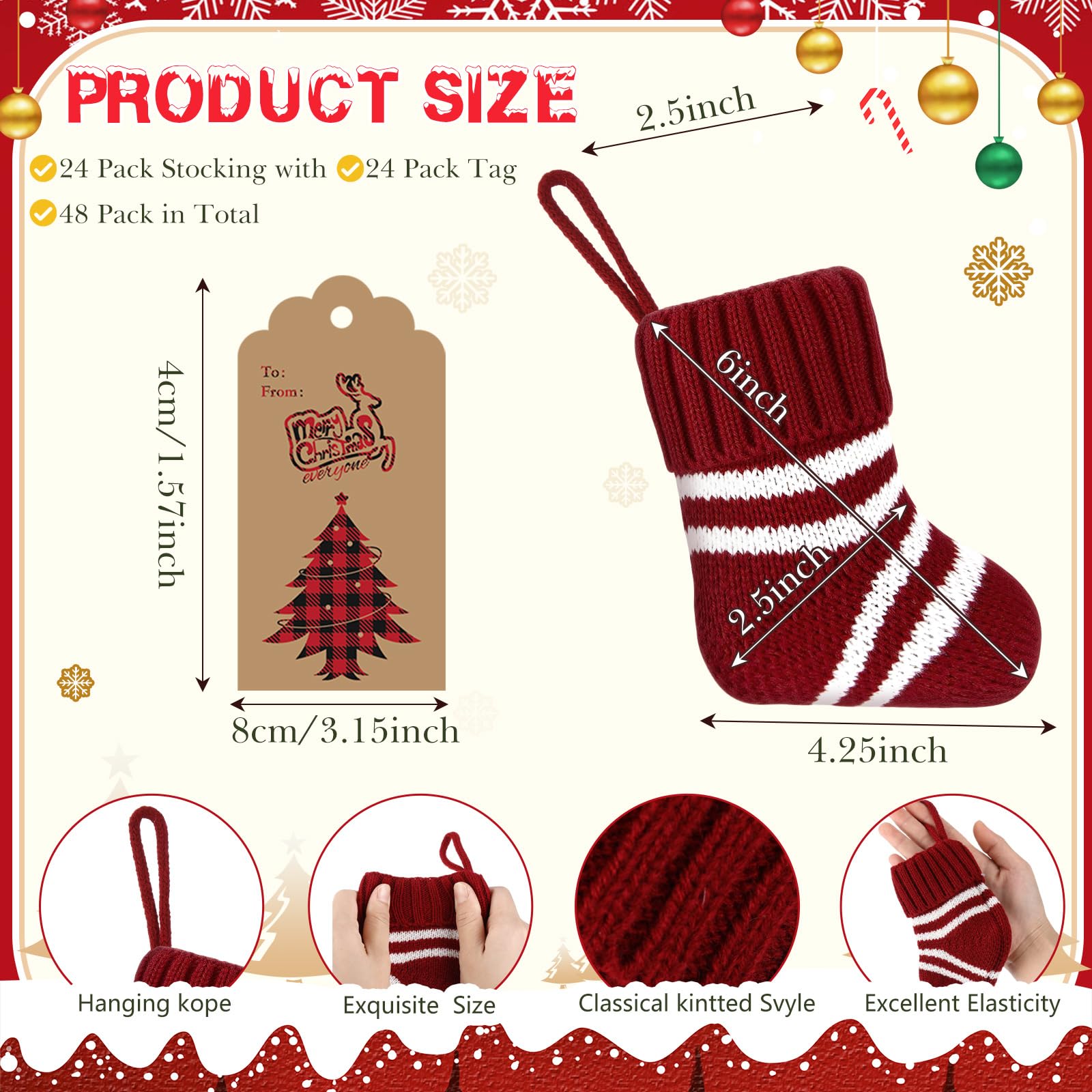 Glimin 24 Set Mini Christmas Stockings Set 6 Inch Red White Knitted Stripe Xmas Hanging Stocking with Kraft Paper Gift Tags Bell