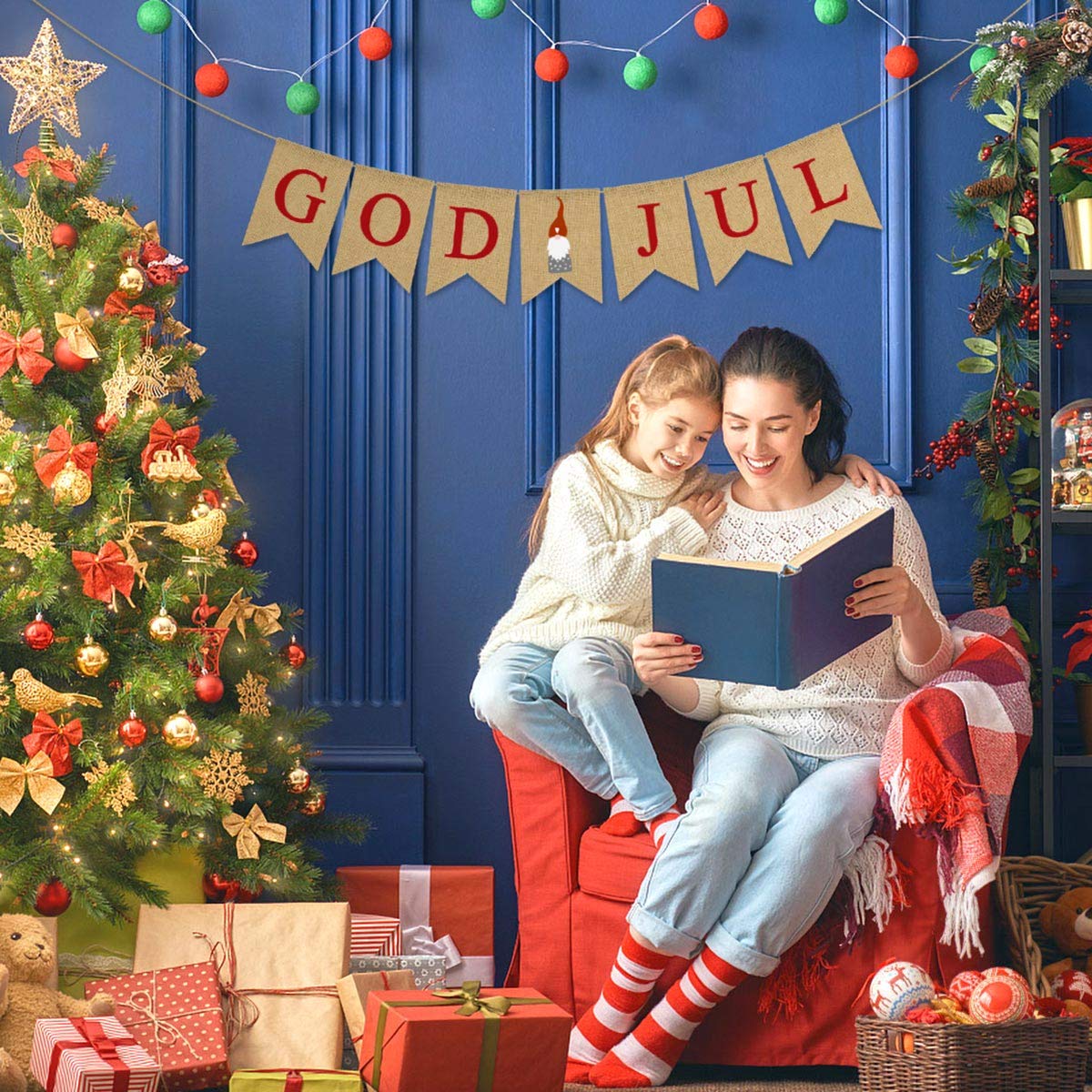 Burlap God Jul Banner Tomte Christmas Gnome Swedish Nordic Scandinavian Rustic Winter Farmhouse Fireplace Mantle Decoration