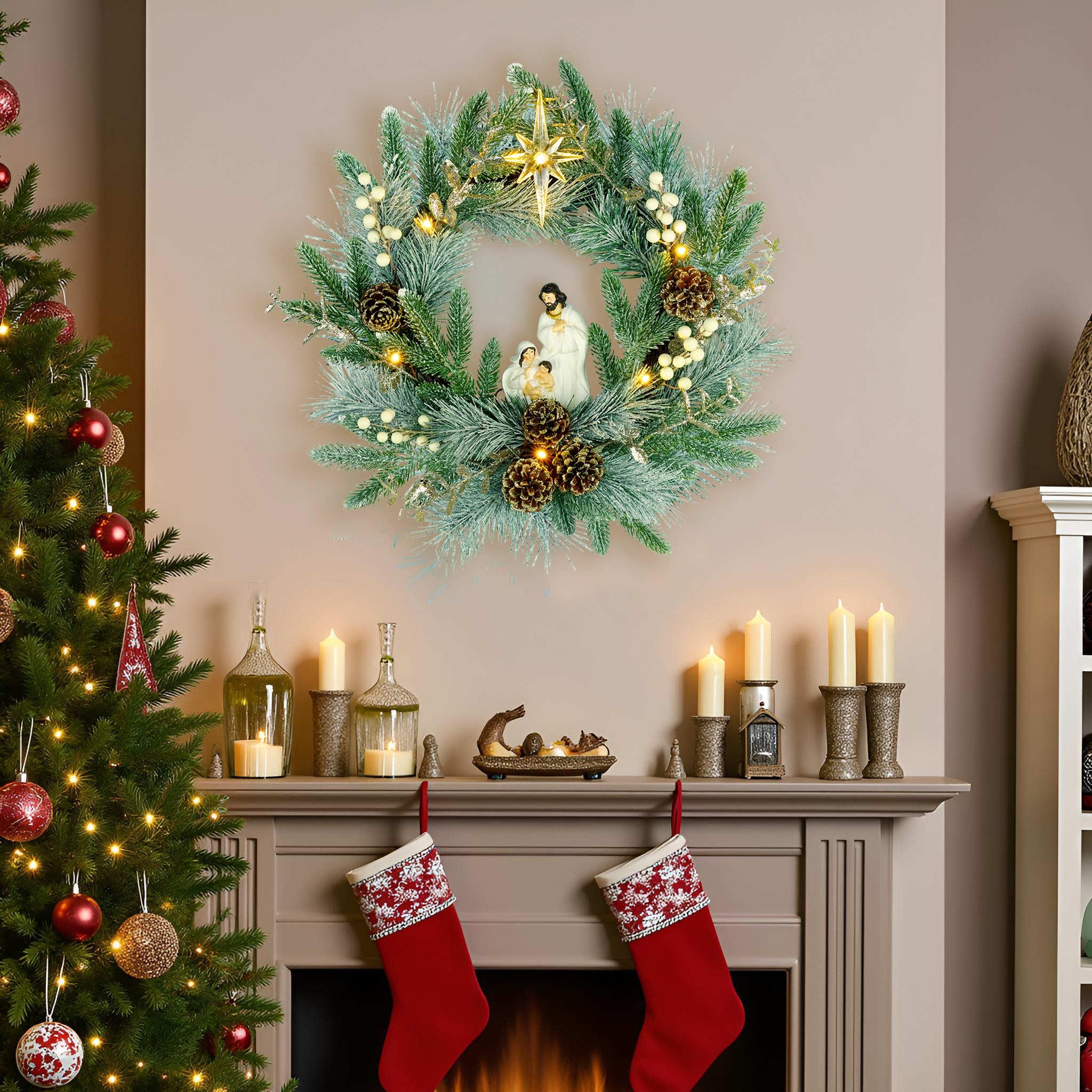 YULETIME 20 Pre-Lit Nativity Wreath, Battery Operated with 10 Fairy Lights, Holy Family Nativity Statue, Star of Bethlehem, Pine