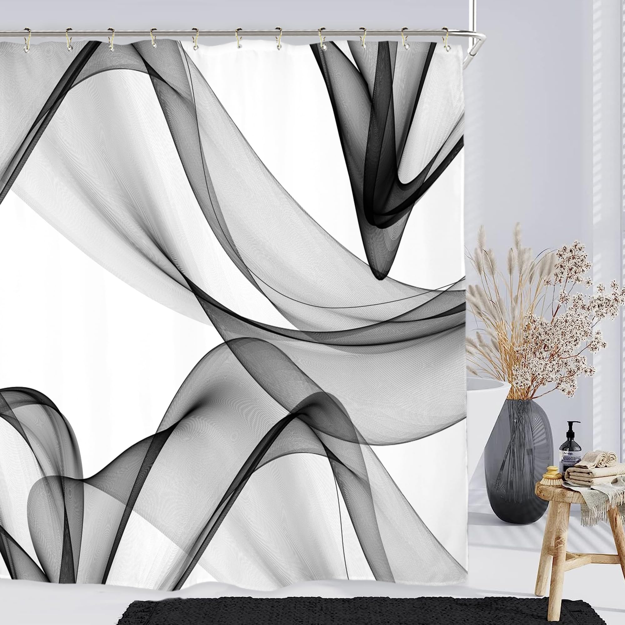 Miyotaa Black White Gray Shower Curtain Set 60Wx71H Inches Abstract Modern Contemporary Art Waves 3D Polyester Waterproof Bathro