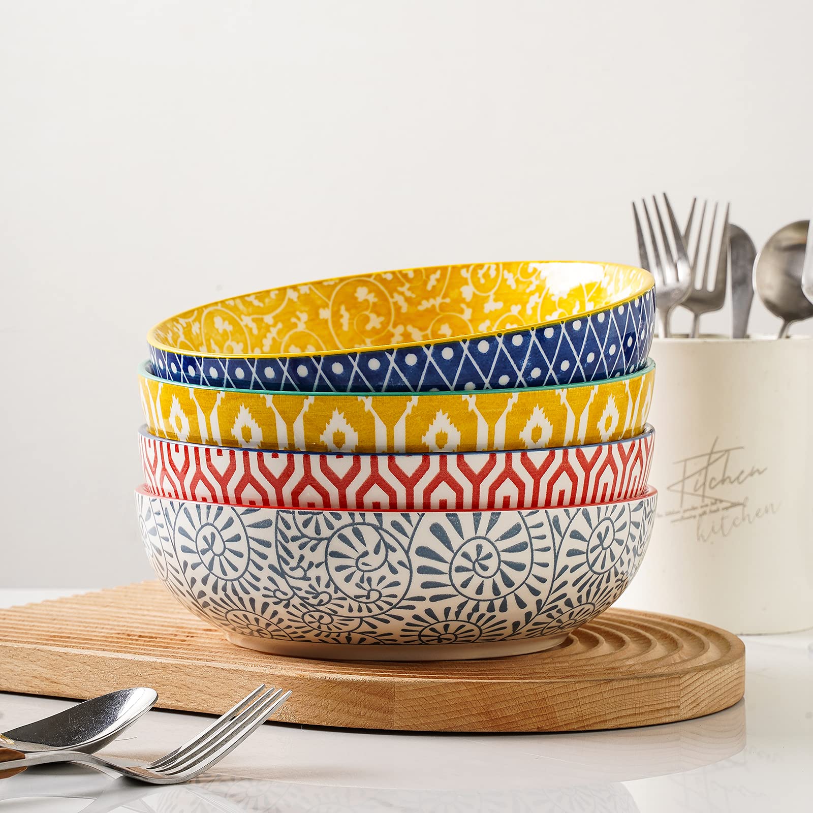 Selamica Ceramic 30 Ounce Large Pasta Bowls 8 Inch Serving Bowls Wide And Shallow Microwave Dishwasher Safe Bowls Set Of 4, Asso