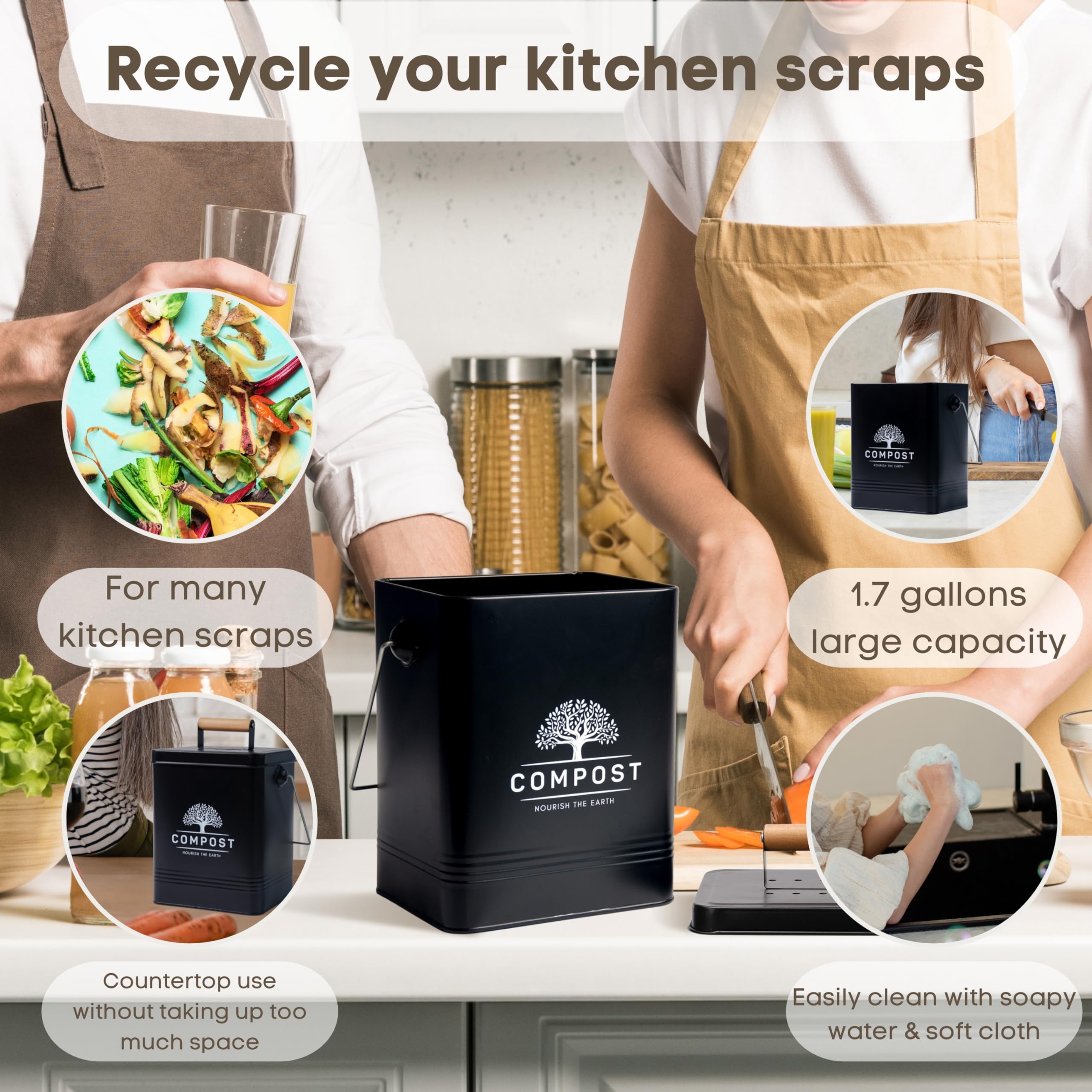 Perfnique Kitchen Compost Bin, 1.7 Gallon Countertop Compost Bin With Lid, Indoor Compost Bin Includes 2 Carbon Filters, Small C