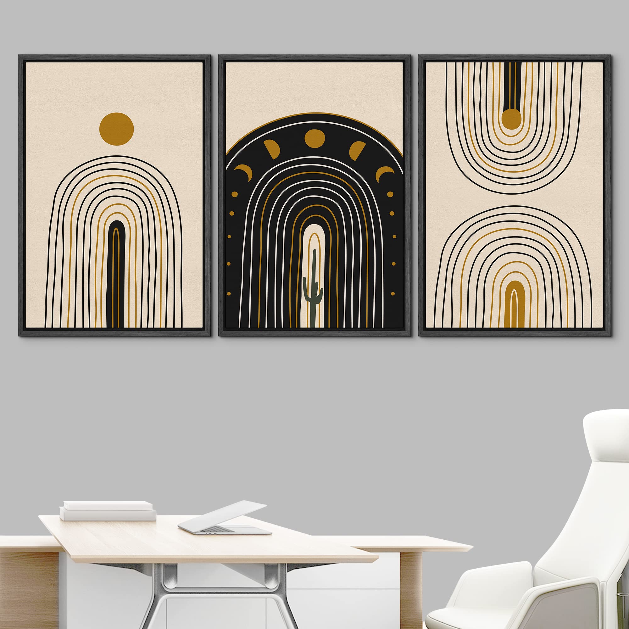 Idea4Wall Framed Canvas Print Wall Art Set Mid-Century Moon Geometric Landscape Abstract Shapes Illustration Modern Art Decorati