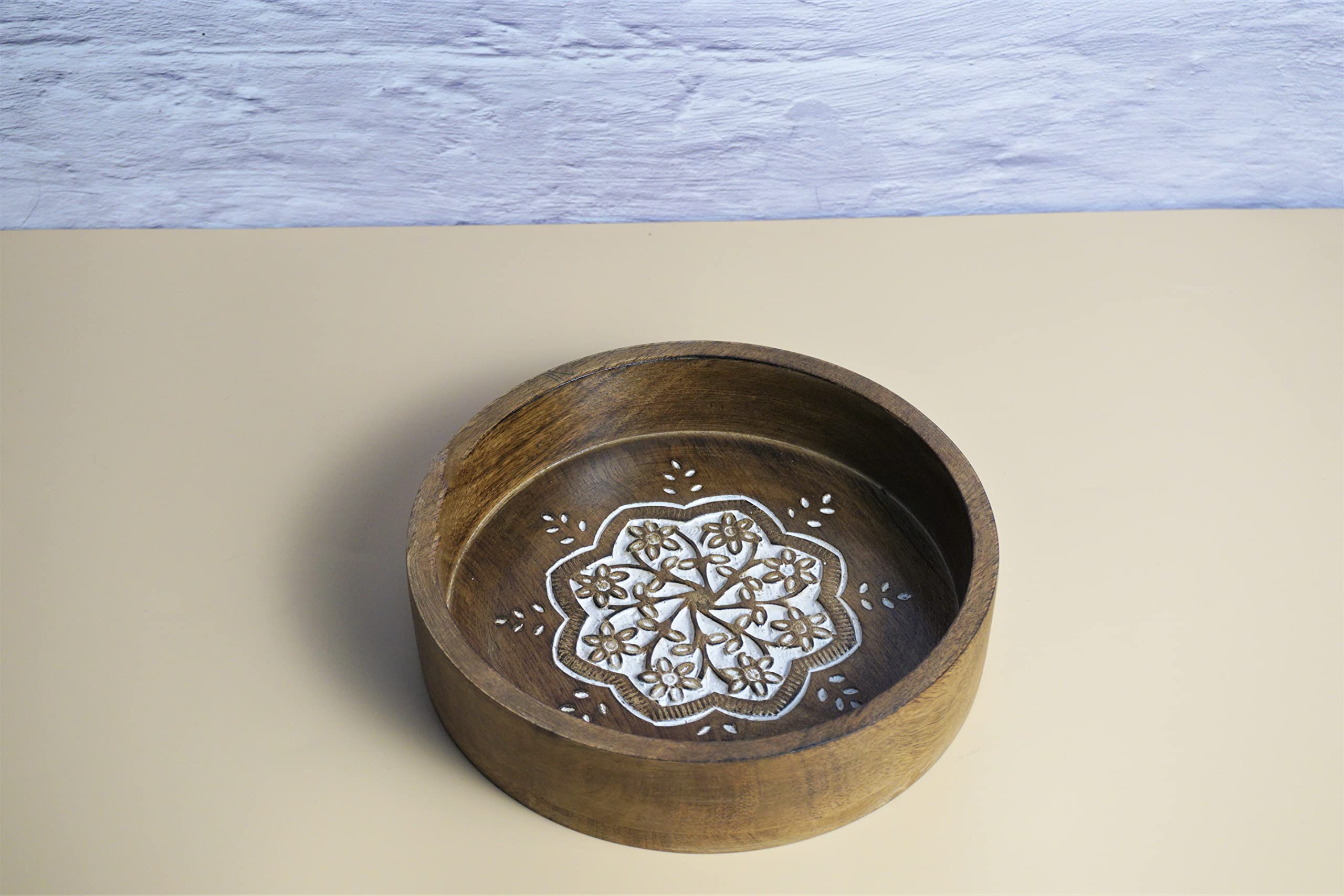 Culturway Mango Wood Floral Carved Serving Wooden Round Dining Table Serving Tray For Home & Decor Kitchen Fancy And Designer Tr