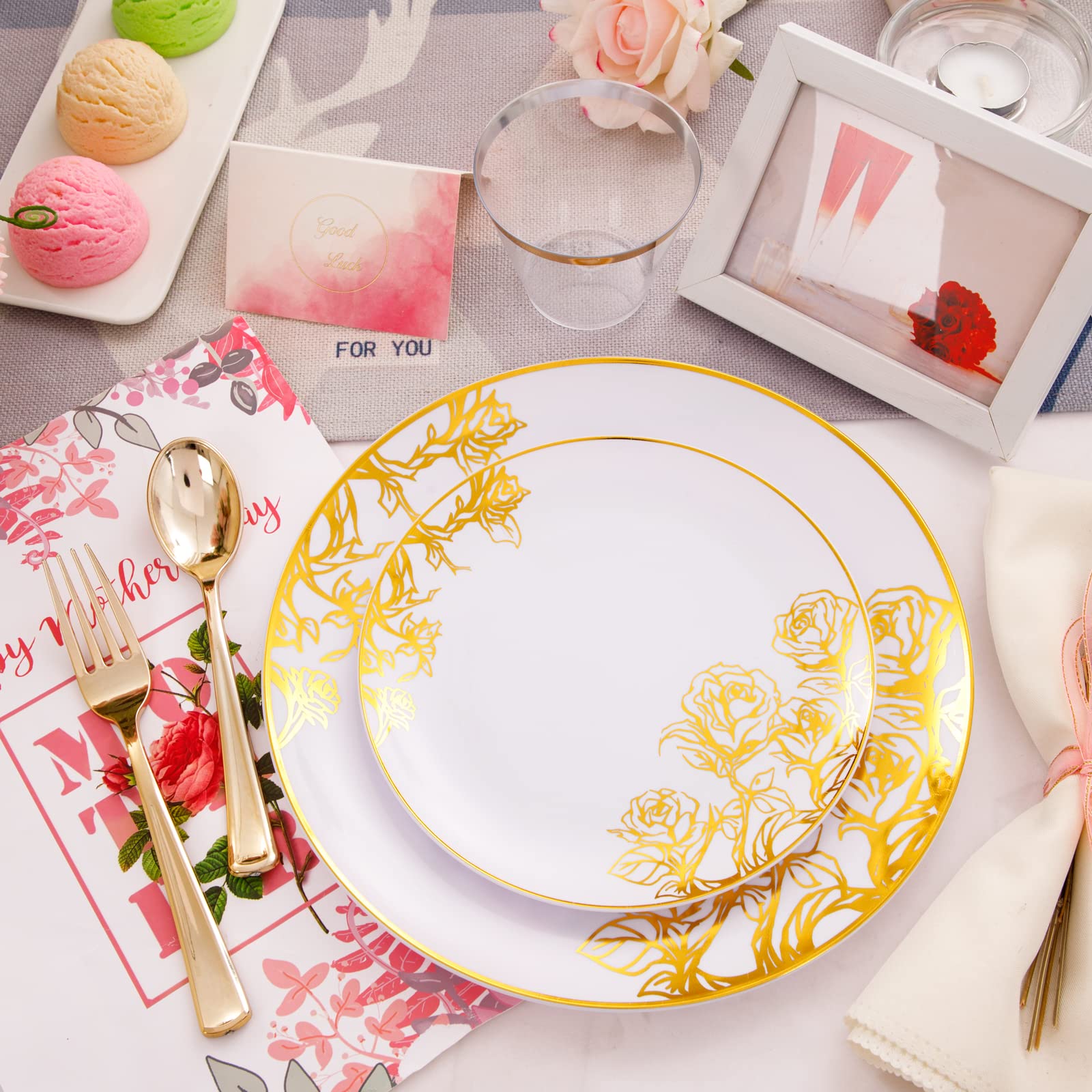 Dayammi 210Pcs Pink Gold Plastic Plates,Gold Disposable Dinnerware Set Includes 60 Gold Pink Plates,30 Gold Plastic Silverware,3