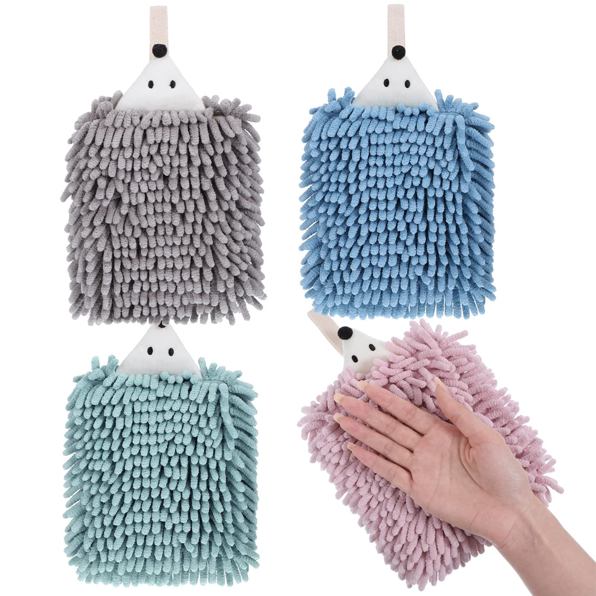 Kinlop 4 Pcs Chenille Hand Towels With Loop Cute Hedgehog Microfiber Hand Towels Absorbent Small Hanging Chenille Hand Towel For