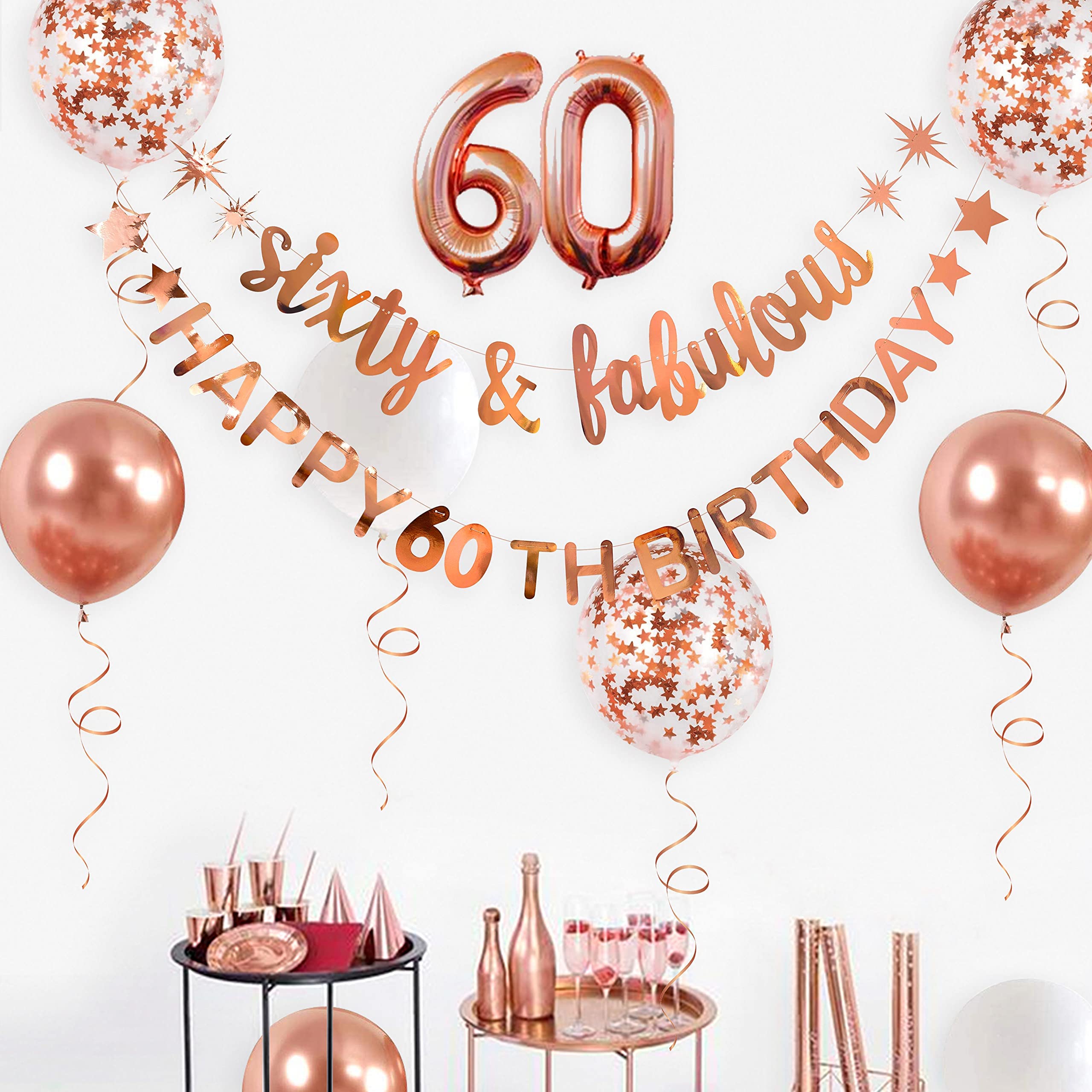 Rose Gold Sixty & Fabulous Happy 60Th Birthday Banner Garland Foil Balloon 60 For Womens 60Th Birthday Decorations Hanging 60 An