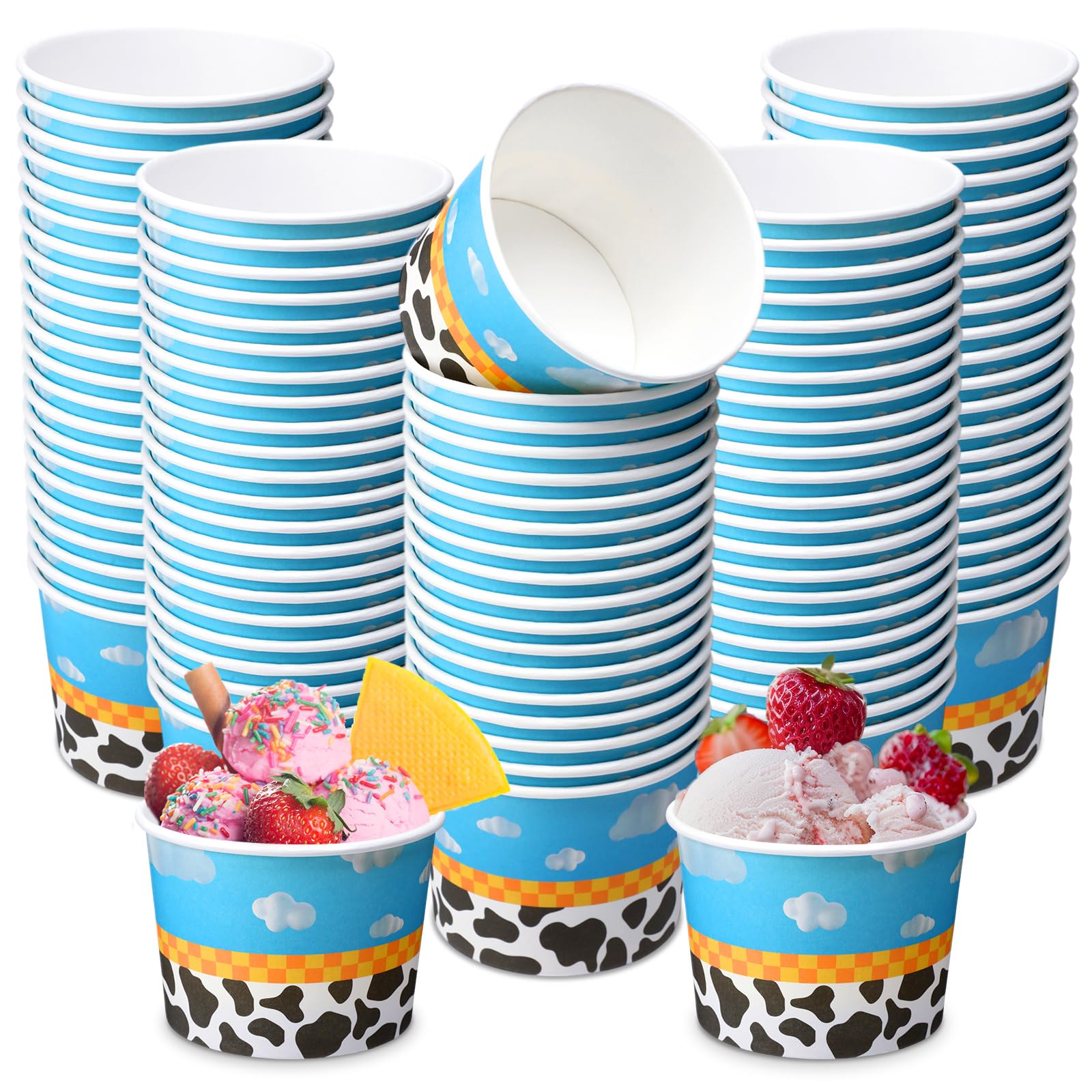 Jingmore 100 Pcs Cartoon Paper Ice Cream Cups Bulk 8 oz Disposable Dessert Bowls for Hot or Cold Food Snack Treats Gift for Birt