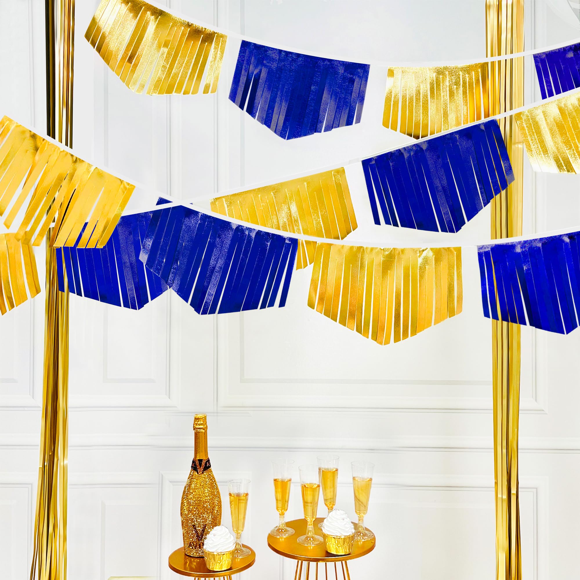 Royal Blue Gold Tassel Banner Metallic Fabric Pennant Bunting Flag For Graduation Retirement Bachelorette Birthday Engagement We