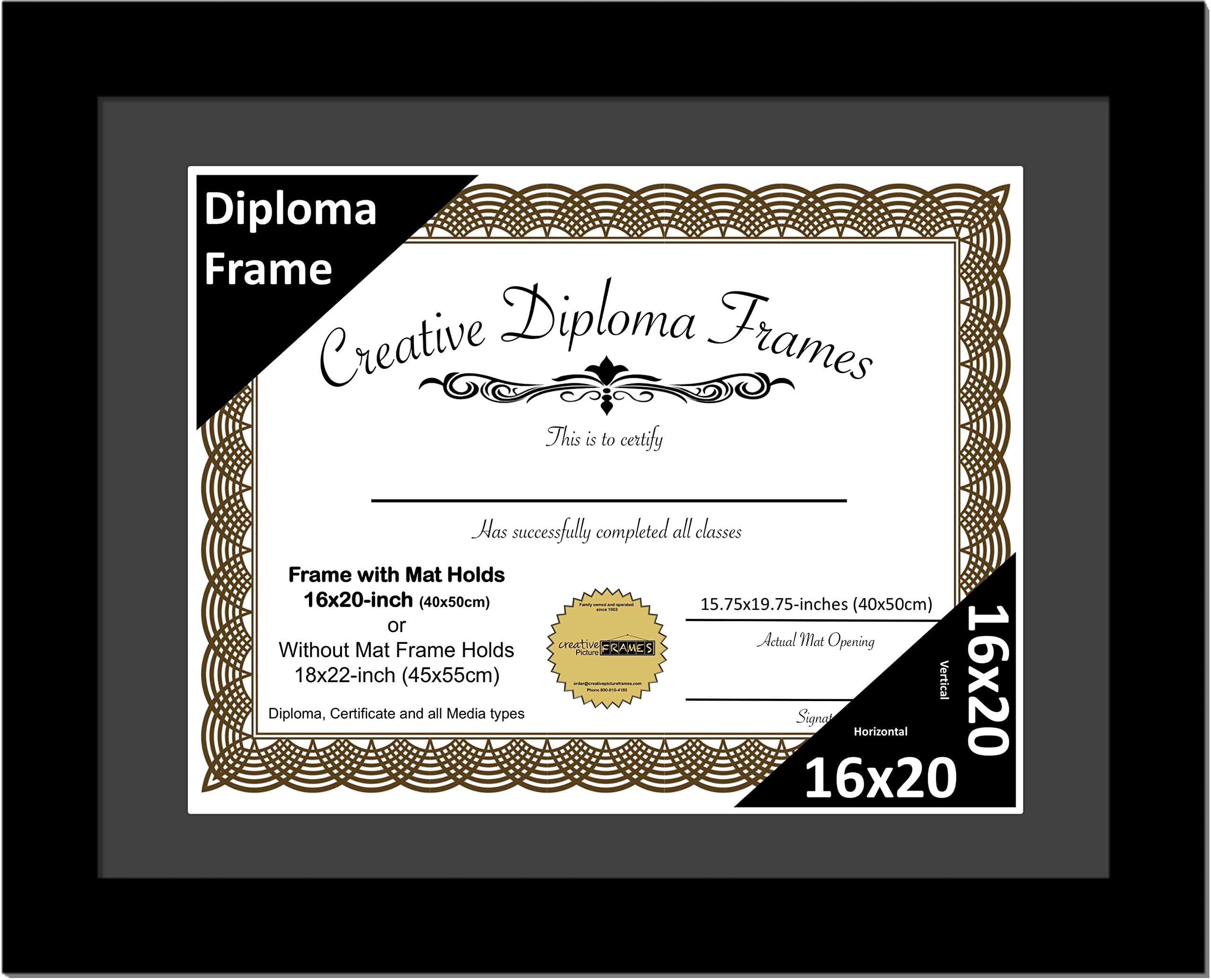 Creative Picture Frames 16x20 Classic Black Diploma Frame with Black Mat Glass Easel and Installed Wall Hangers | Frame Holds 18