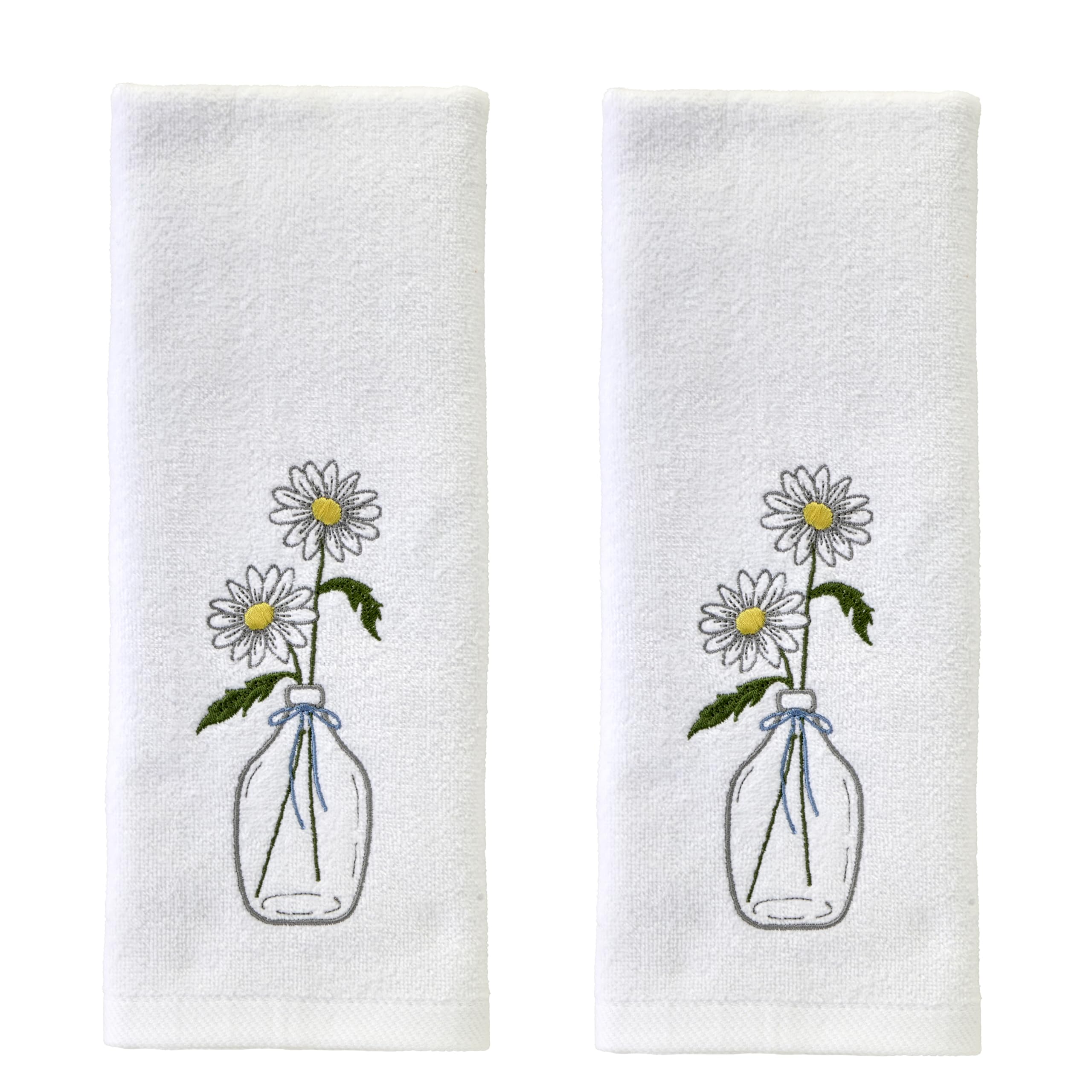 SKL Home Daisies in Vase Hand Towel 2pc Set for Bath/Kitchen/Bar & Gift, Optic White