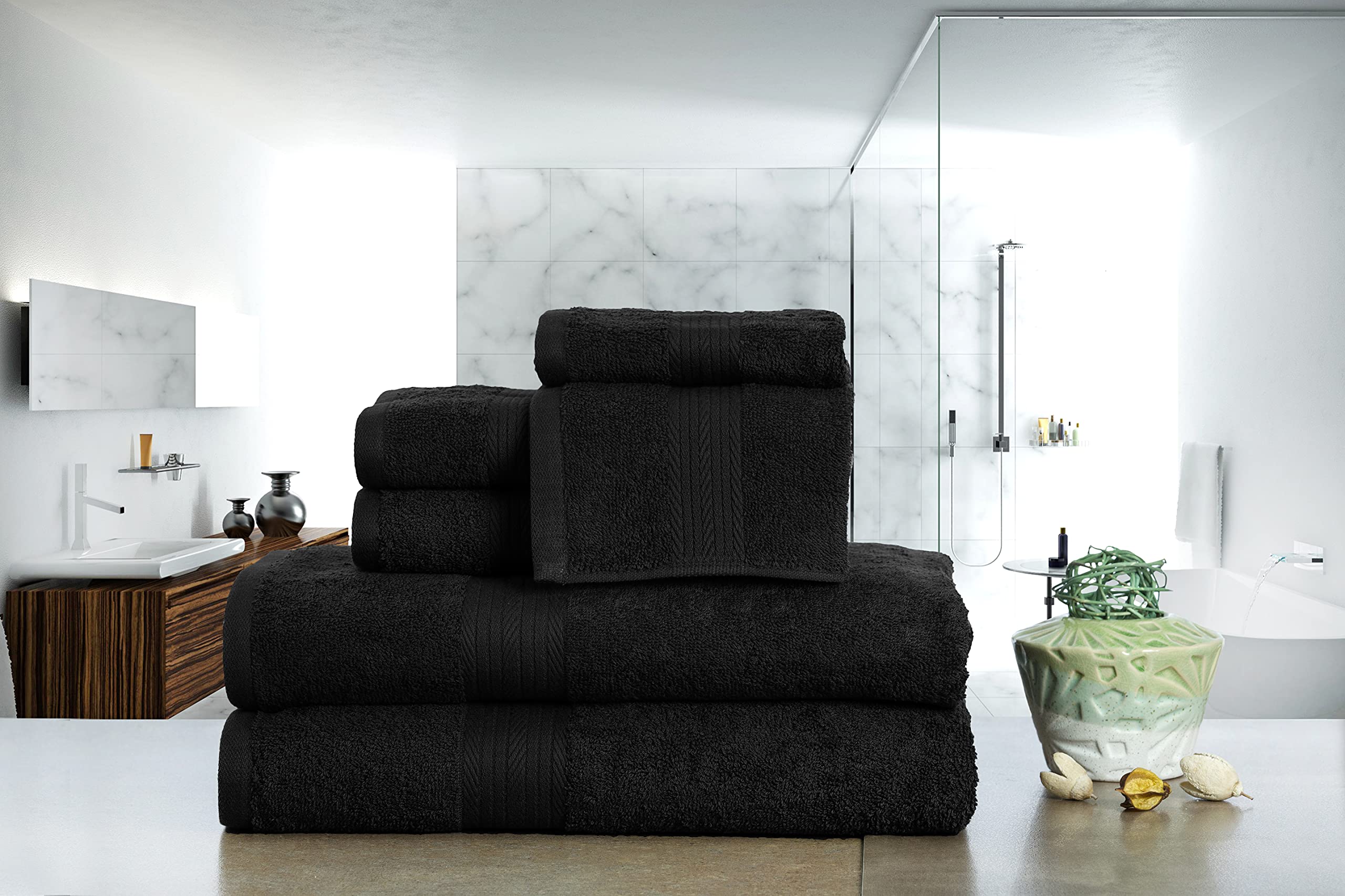 Ample Decor 100% Cotton Luxury 6 Piece Towels Set, 2 Bath Towels, 2 Hand Towels, 2 Wash Cloths For Bathroom - Black Towel Sets