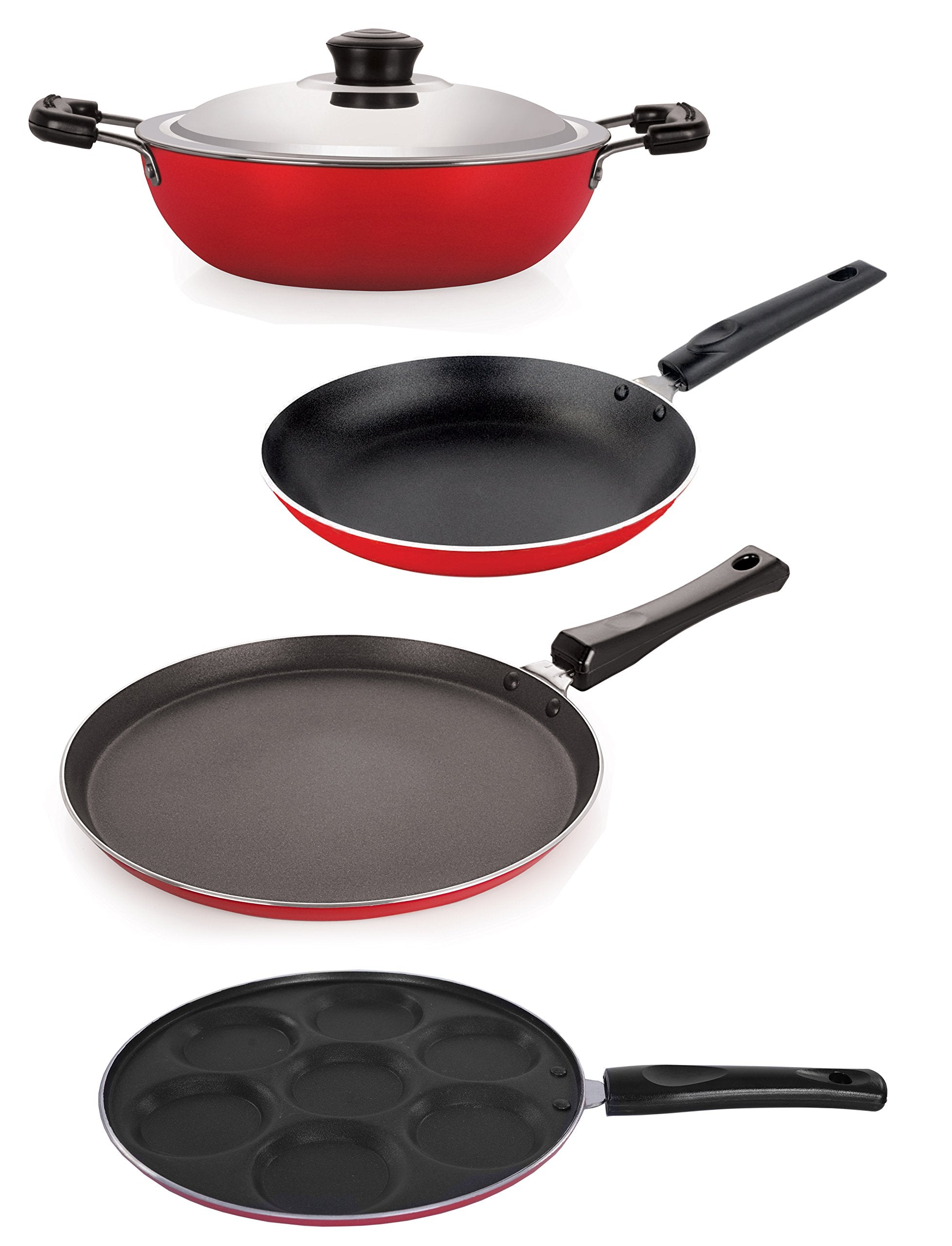 Nirlon NonStick Aluminium Cookware Set, 4Pieces, Red (26_Ft12_Dkdb_Tp_Up)