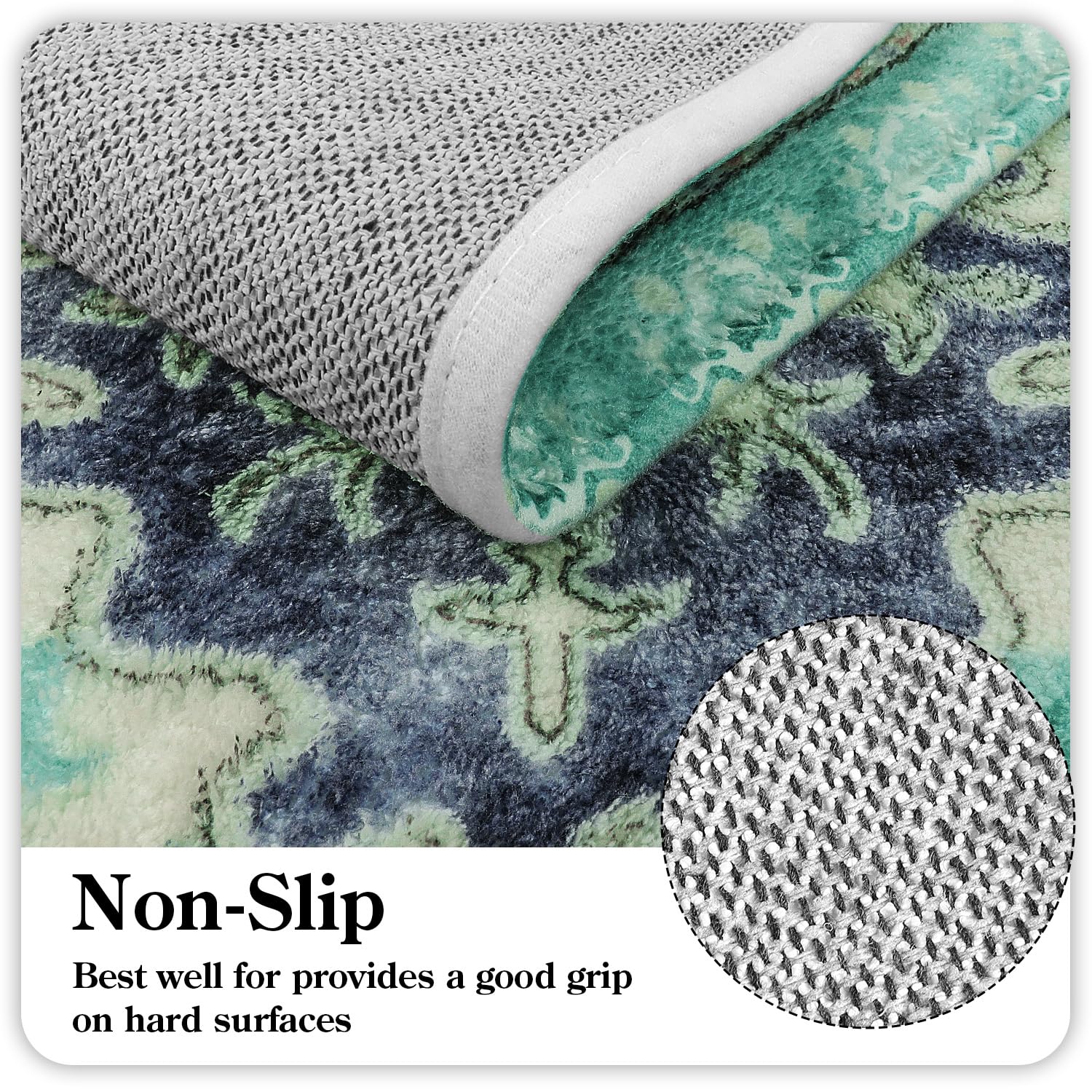 Uphome Boho Vintage Bathroom Rug Green Non-Slip Soft Bath Rug Machine Washable Oriental Bathroom Mat Traditional Farmhouse Flora