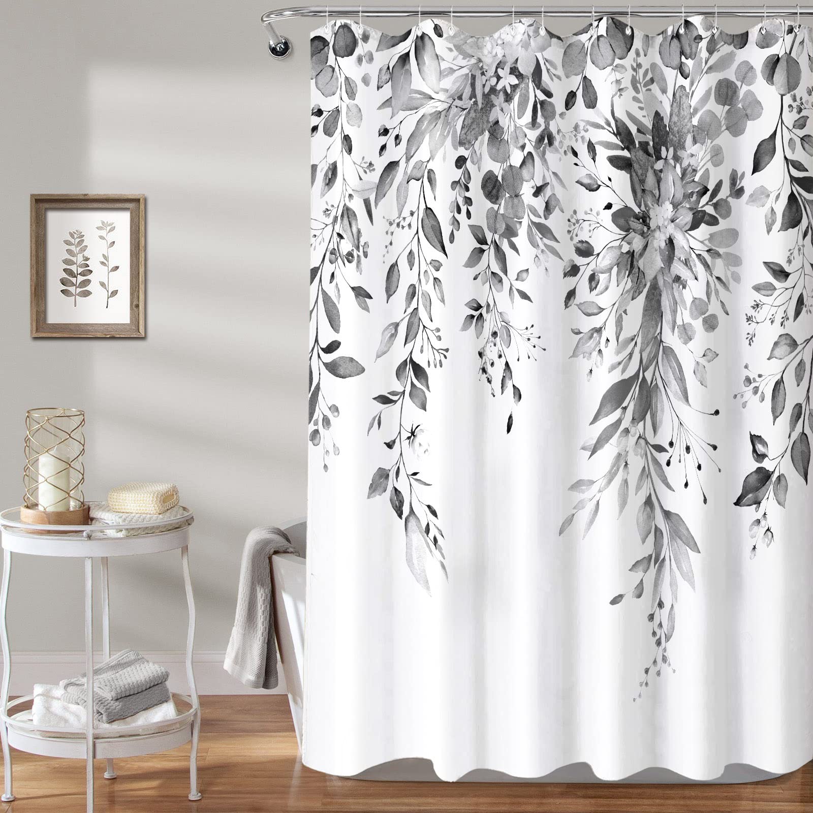 Zussun Gray and White Eucalyptus Shower Curtain Watercolor Grey Floral Plant Leaf Shower Curtains for Bathroom Botanical Flower Waterproof Fabric Bath Curtain Decor with Hooks (Black  72'' x 72'')
