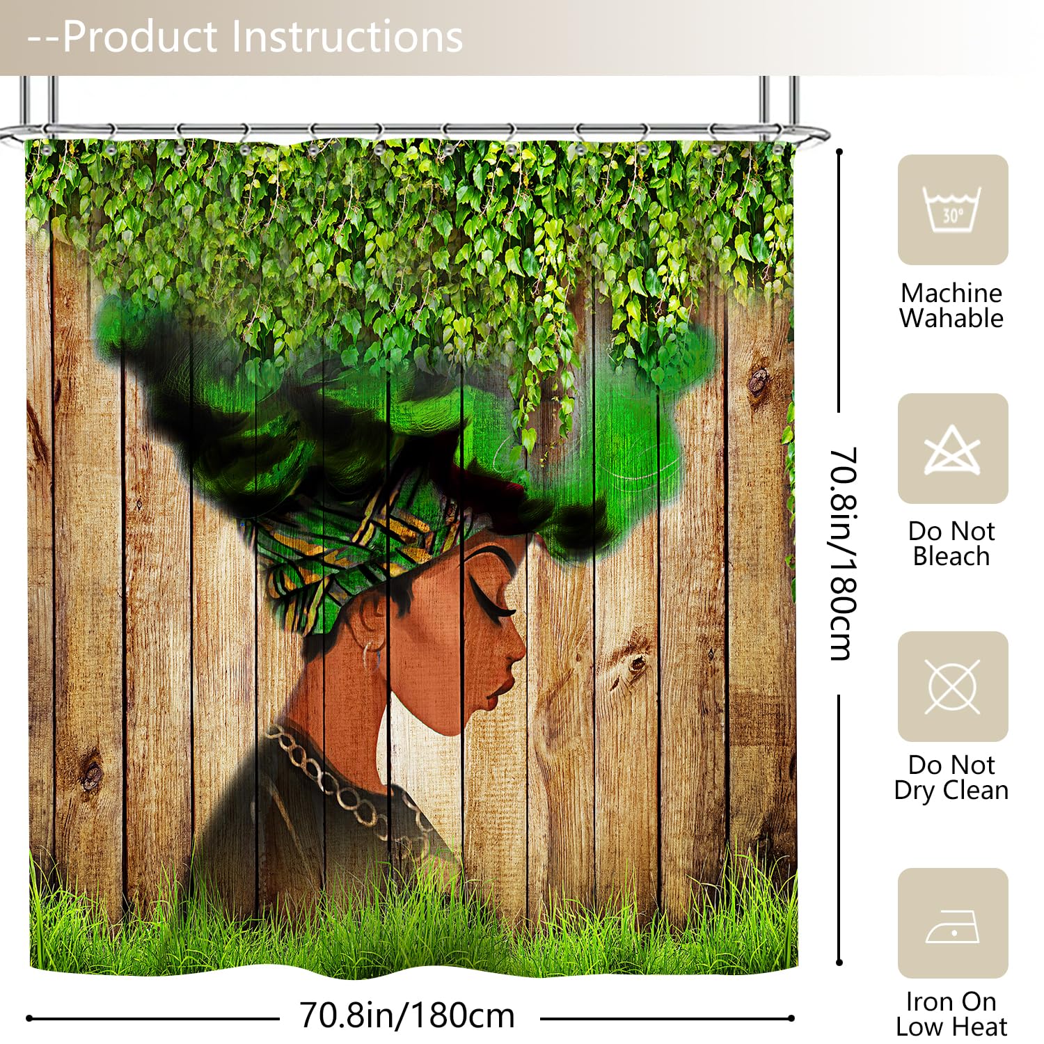 African Woman Shower Curtain Afro Black Art Green Leaves Women Watercolor Design Bathroom Accessories Waterproof,Machine Washabl