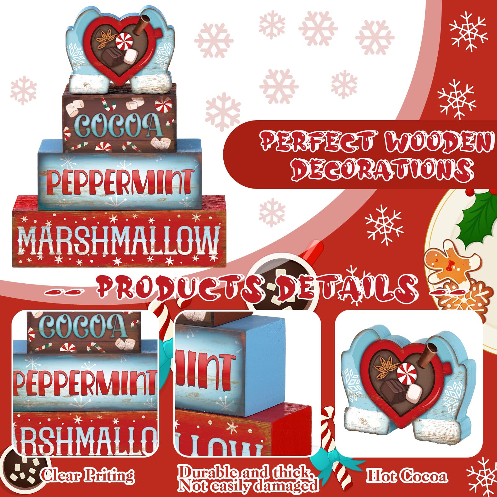 Moucuny 4 Pcs Winter Hot Cocoa Table Decor Christmas Wooden Decorative Signage Winter Tiered Tray Decor Centerpieces Farmhouse W