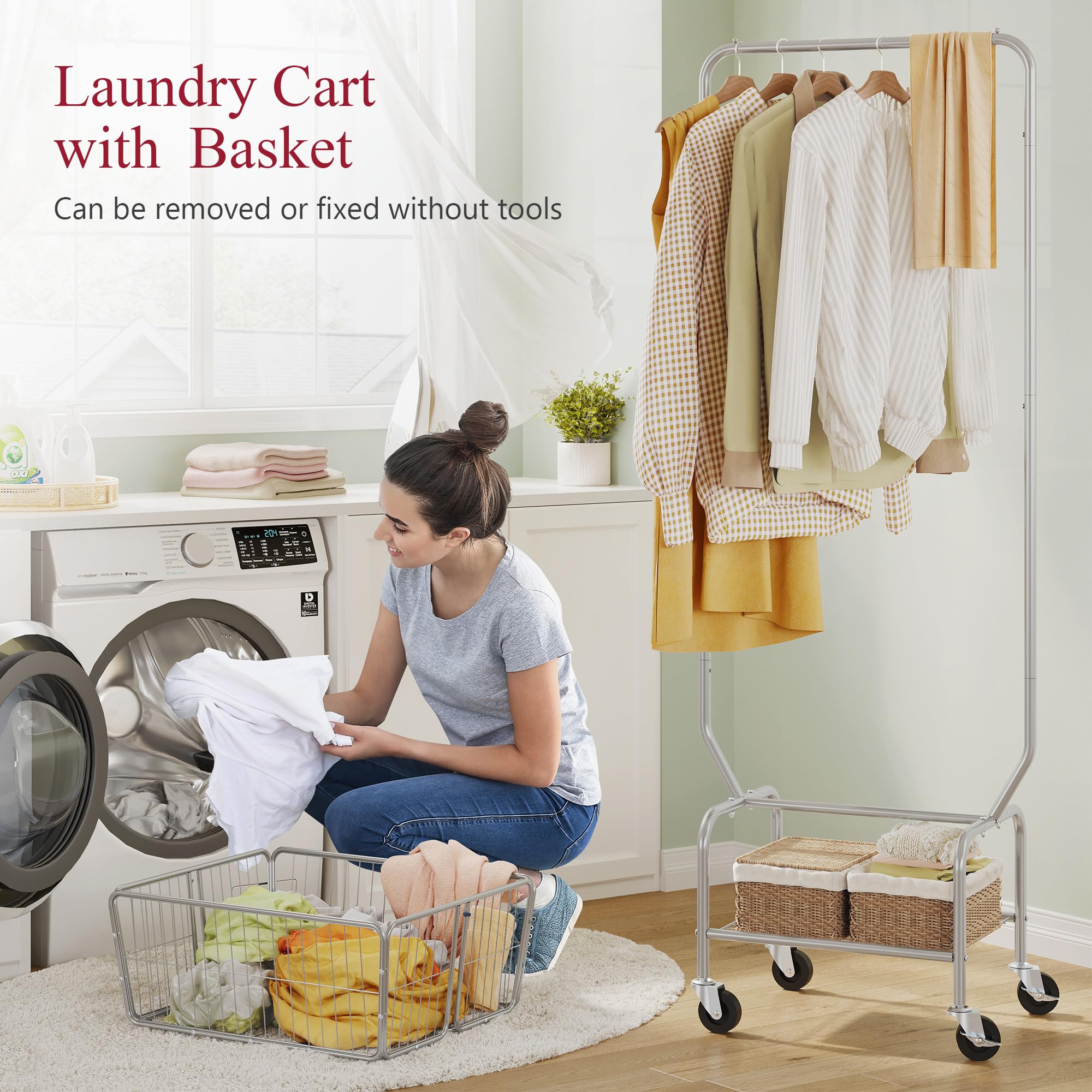 Tajsoon Laundry Cart With Hanging Rack, Metal Laundry Basket With Wheels, Laundry Hamper With Storage Basket, Rolling Laundry Ca