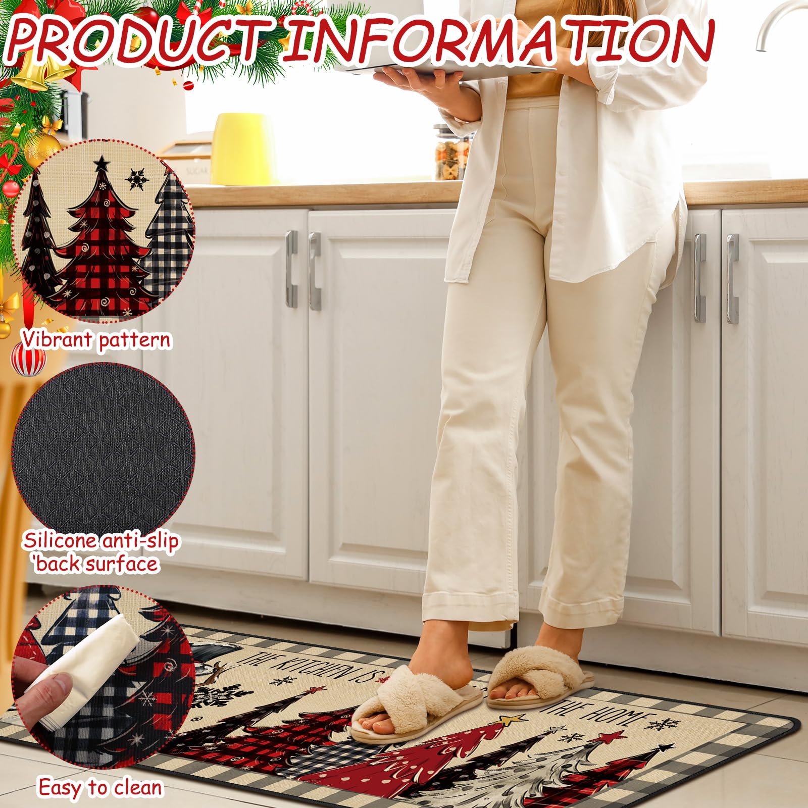 Drydiet 3 Pcs Christmas Kitchen Rug and Mat Set Washable Buffalo Plaid Xmas Tree Kitchen Floor Mats Non Slip Farmhouse Merry Chr