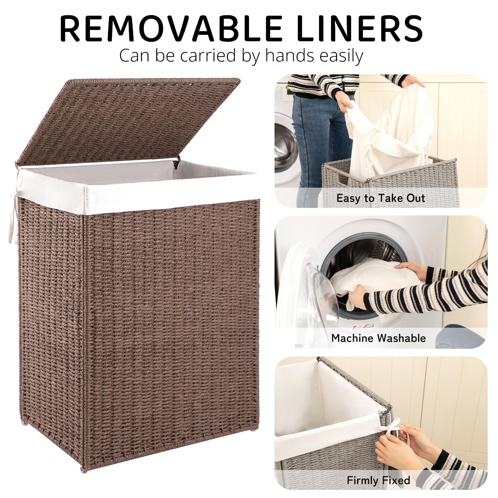 OIAHOMY Laundry Hamper - 90L Brown Wicker Basket with Lid & Removable Liner, Handwoven Storage with Handles for Bedroom & Laundry Room