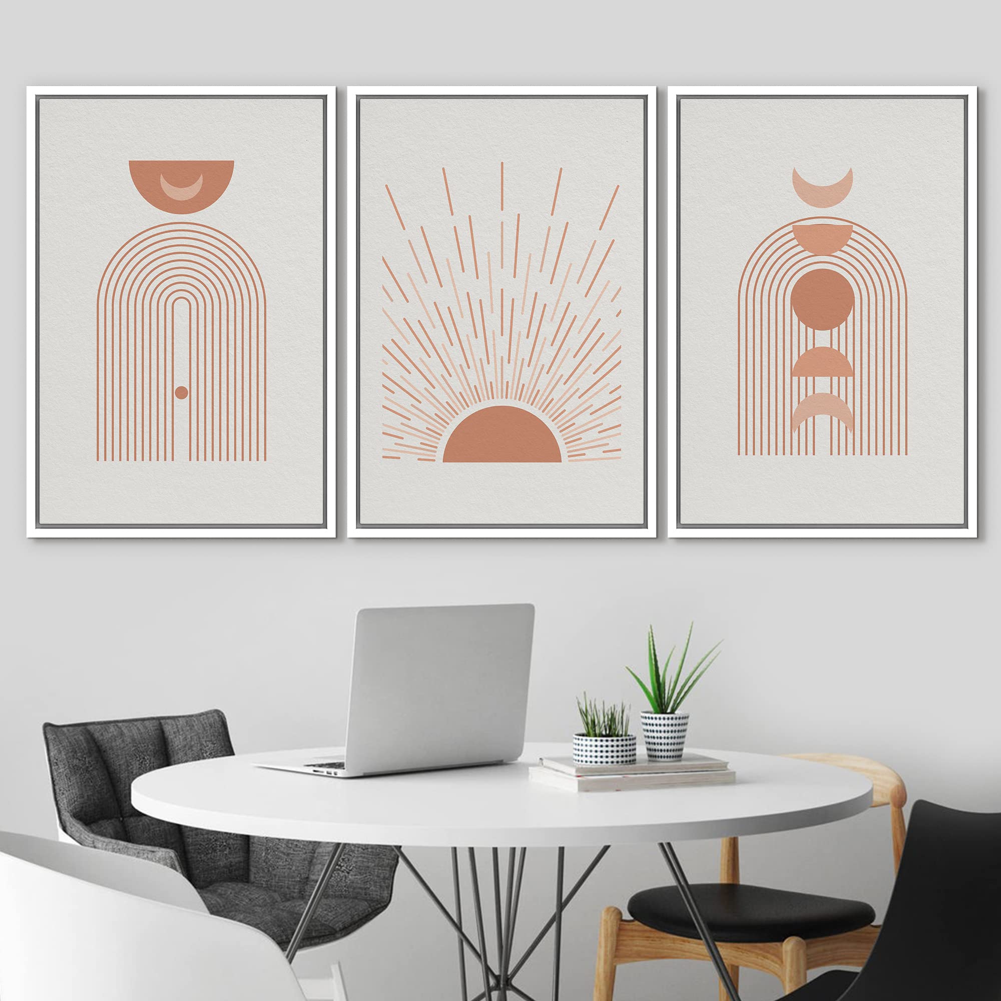Idea4Wall Framed Canvas Print Wall Art Set Shining Sun Moon Geometric Landscape Abstract Shapes Illustration Modern Art Decorati