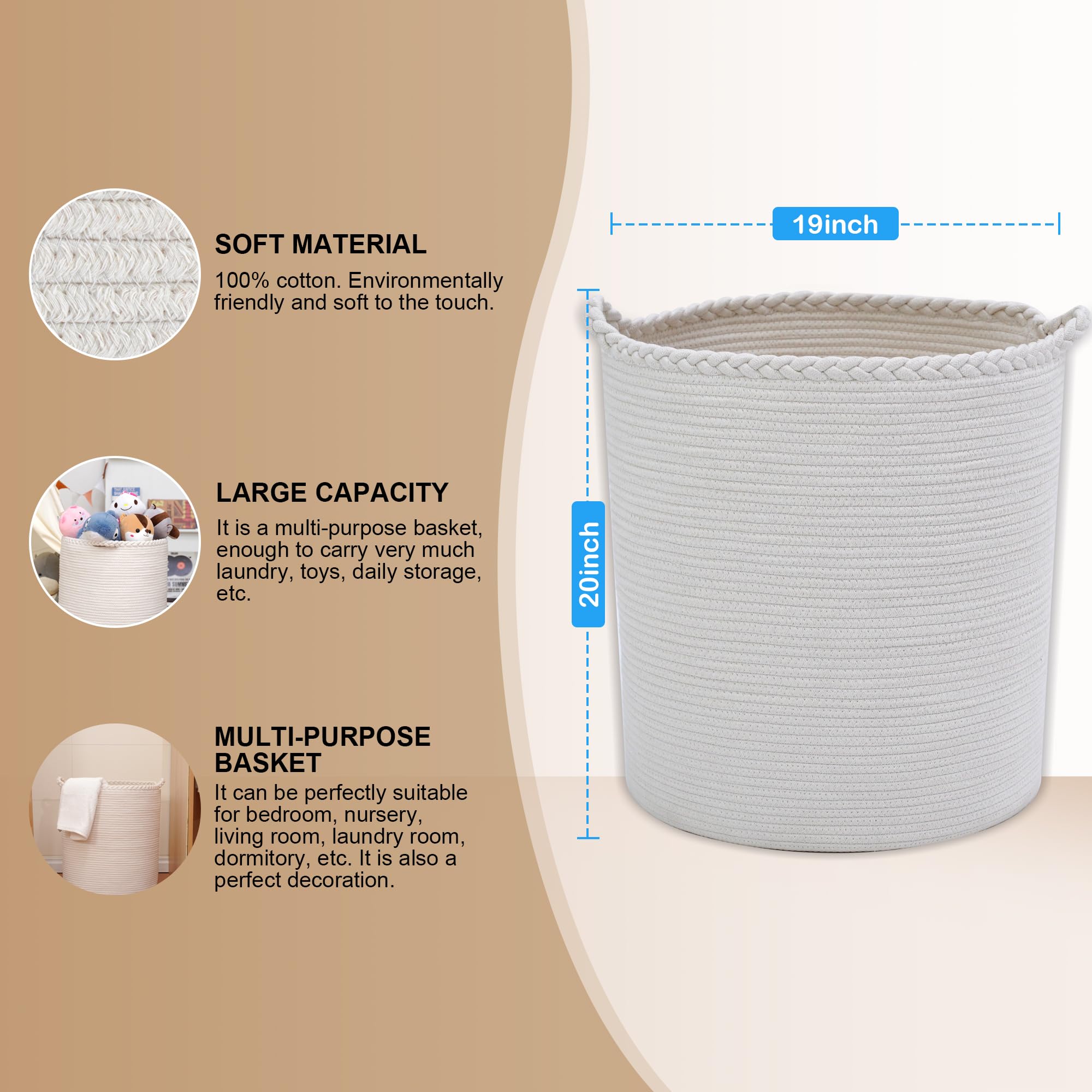 Homlikelan 90L Oversize Woven Laundry Basket,Cotton Tall Laundry Hamper For Blankets,Clothes,Pillows,Toys,Shoes Large Laundry Bi