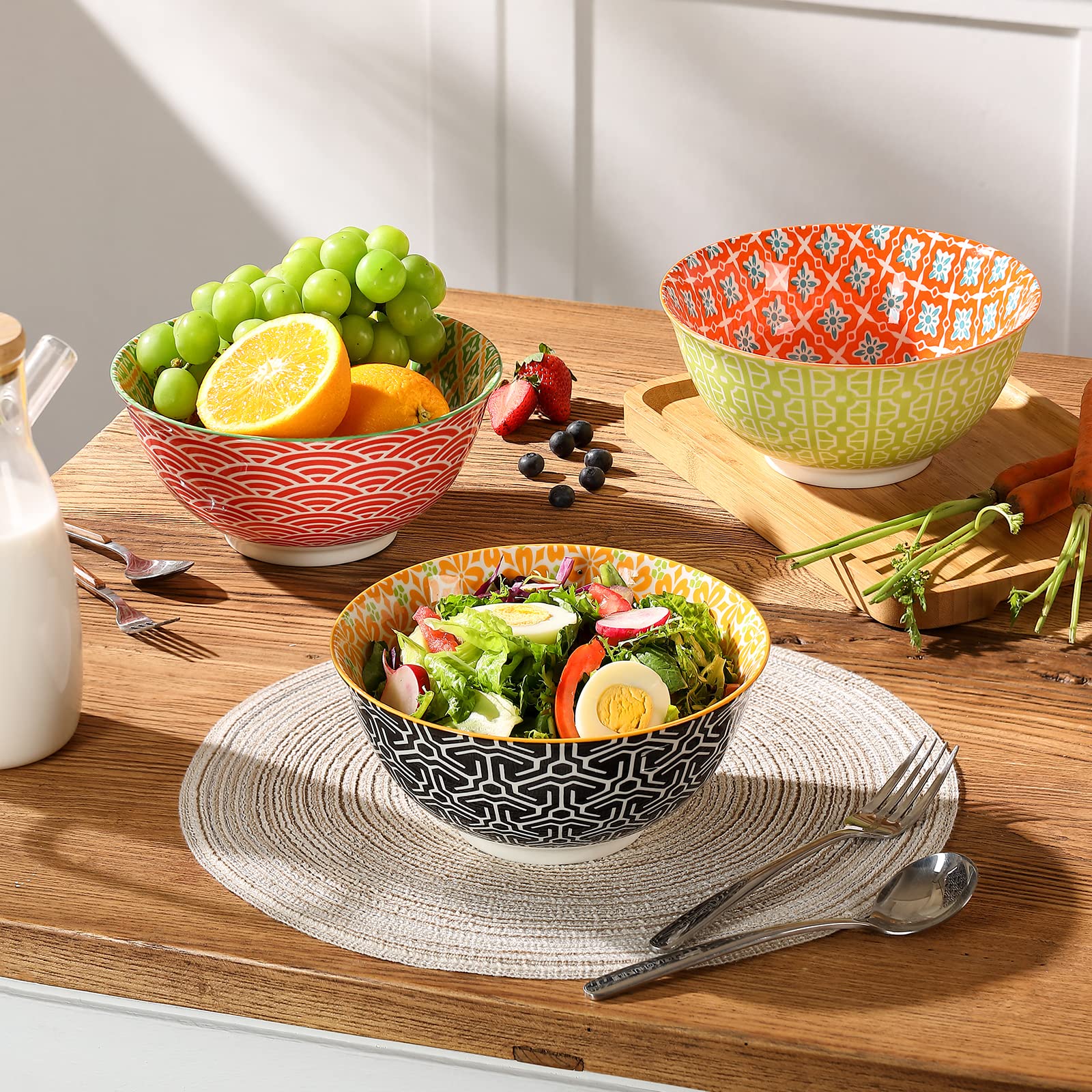 Metahom Salad Soup Bowls, Large Serving Bowls For Pho, Pasta Rarmen, 48 Oz Stackable Ceramic Bowls For Kitchen, Set Of 3, Microw