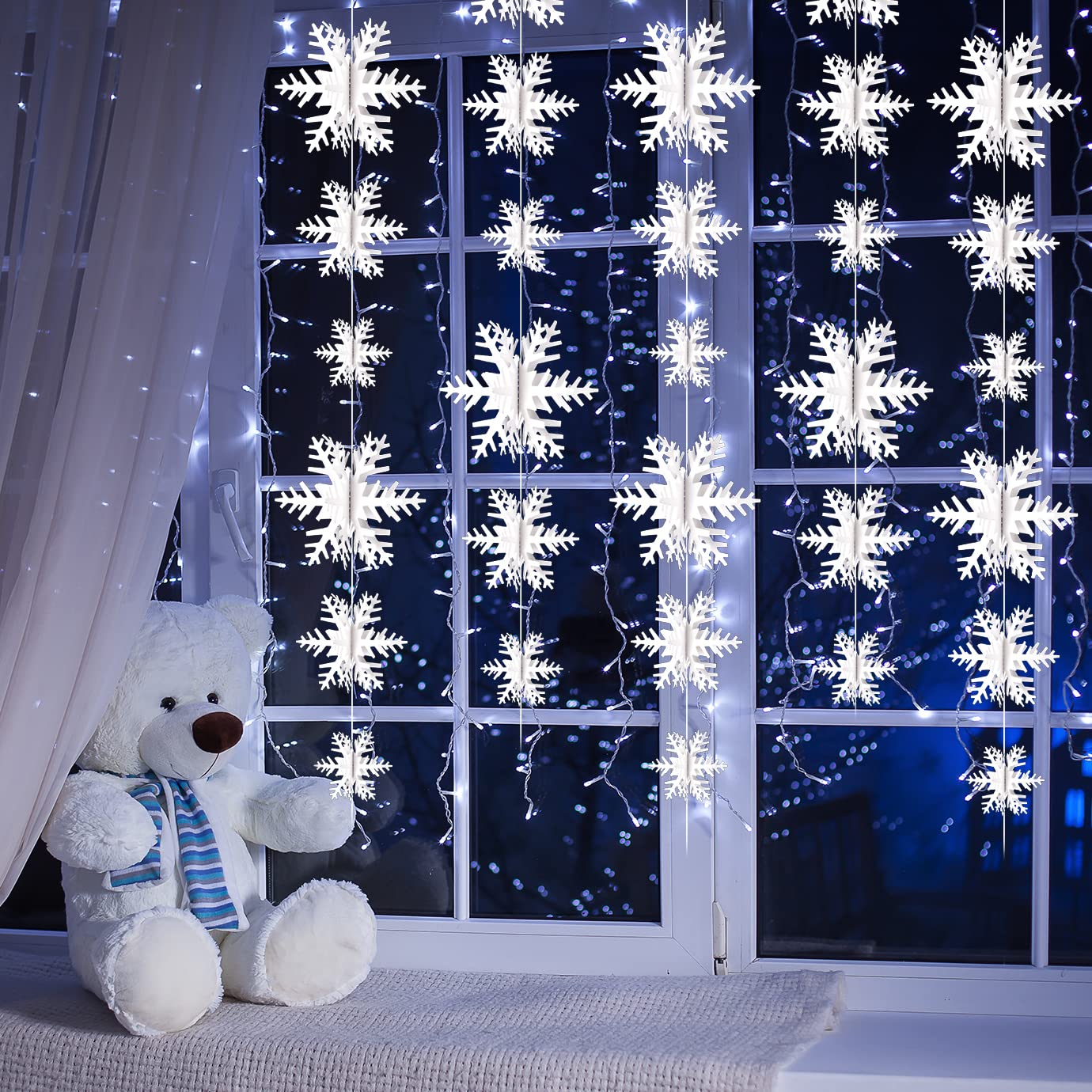 WXJ13 Christmas Hanging Snowflake Decorations, 2 Pack White 3D Snowflake Garland for Winter Xmas Home Decor