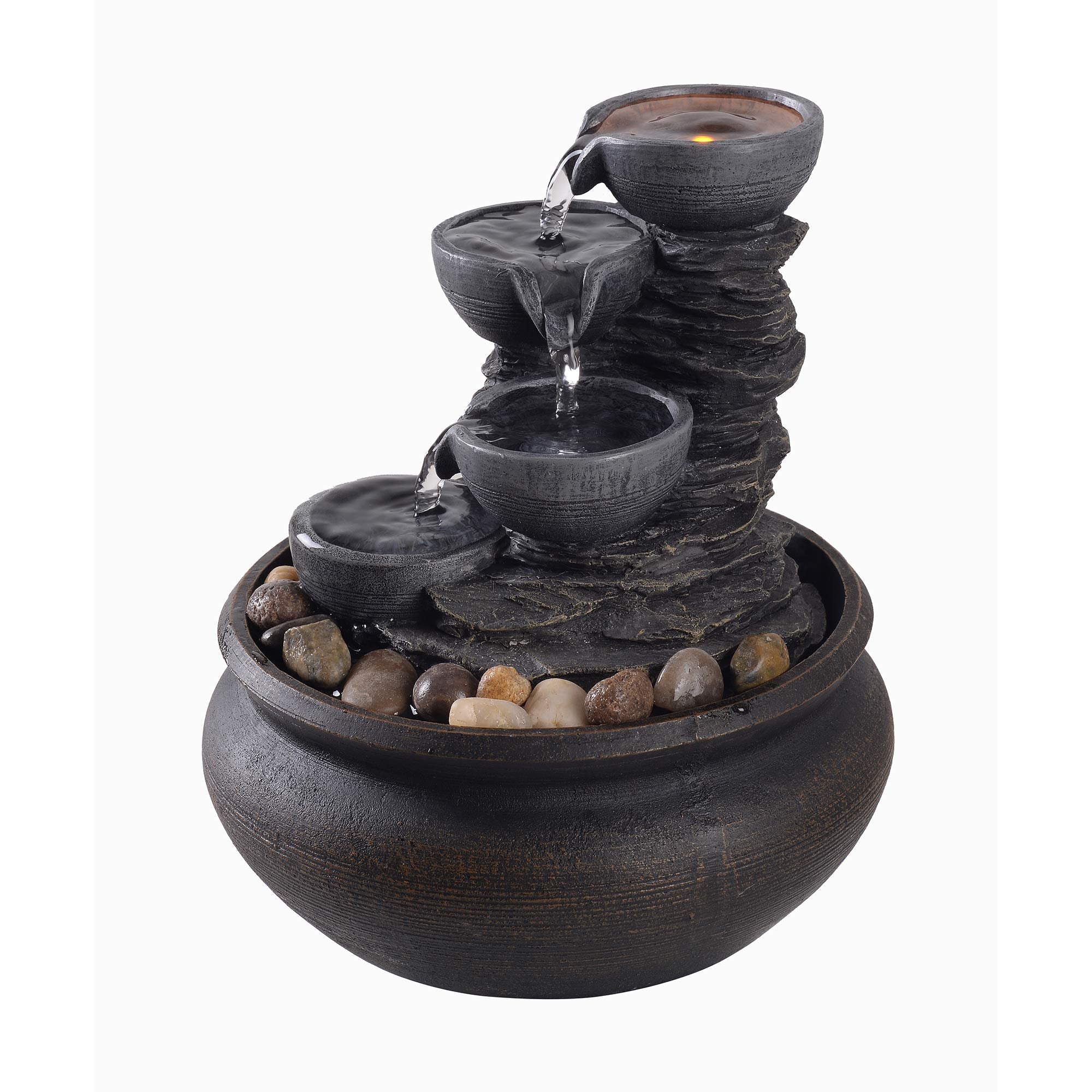 Teamson Home Indoor Tabletop Zen Waterfall Fountain with Led Lights and Pump for Bedroom Living Room Office, Stone Gray