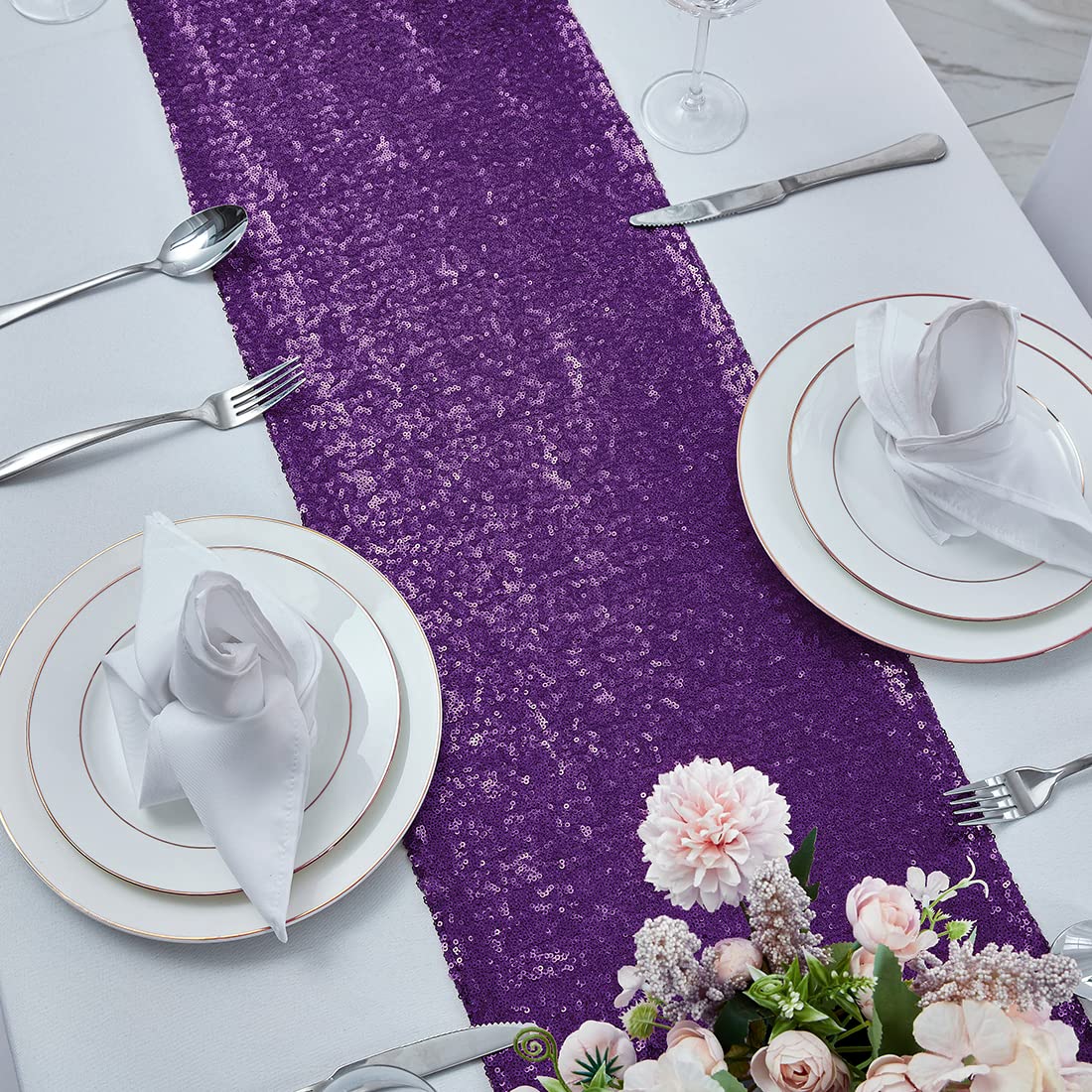 2 Packs 12 X 72 Inches Purple Sequin Table Runner, Glitter Runner For Birthday Party Supplies Decorations Wedding Bachelorette H
